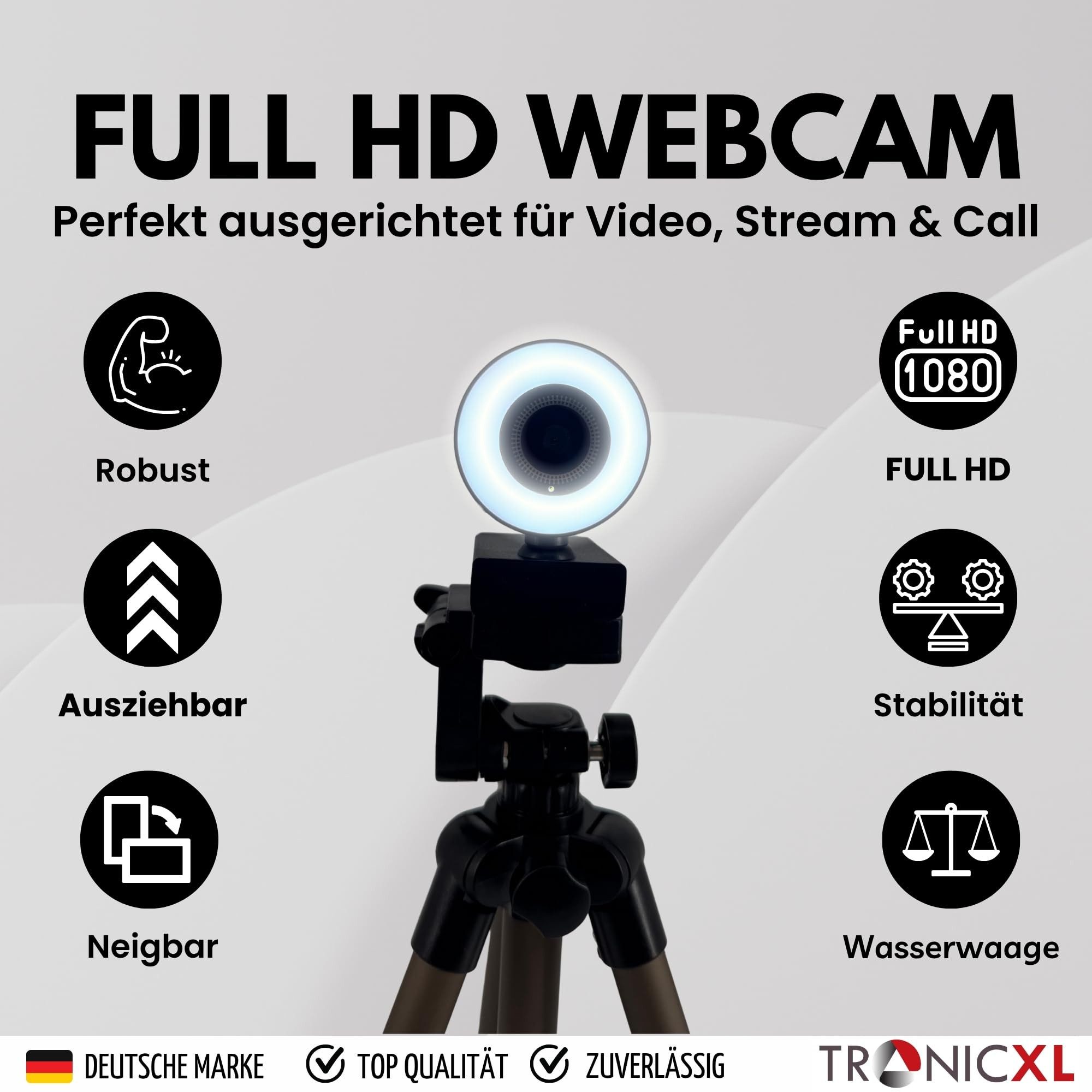 TronicXL Autofokus Webcam mit Ringlicht Lampe + 113cm Stativ Full HD 1920x1080p Full HD-Webcam (Live Stream Streaming, für Computer PC Windows 7 10 11 Kamera)