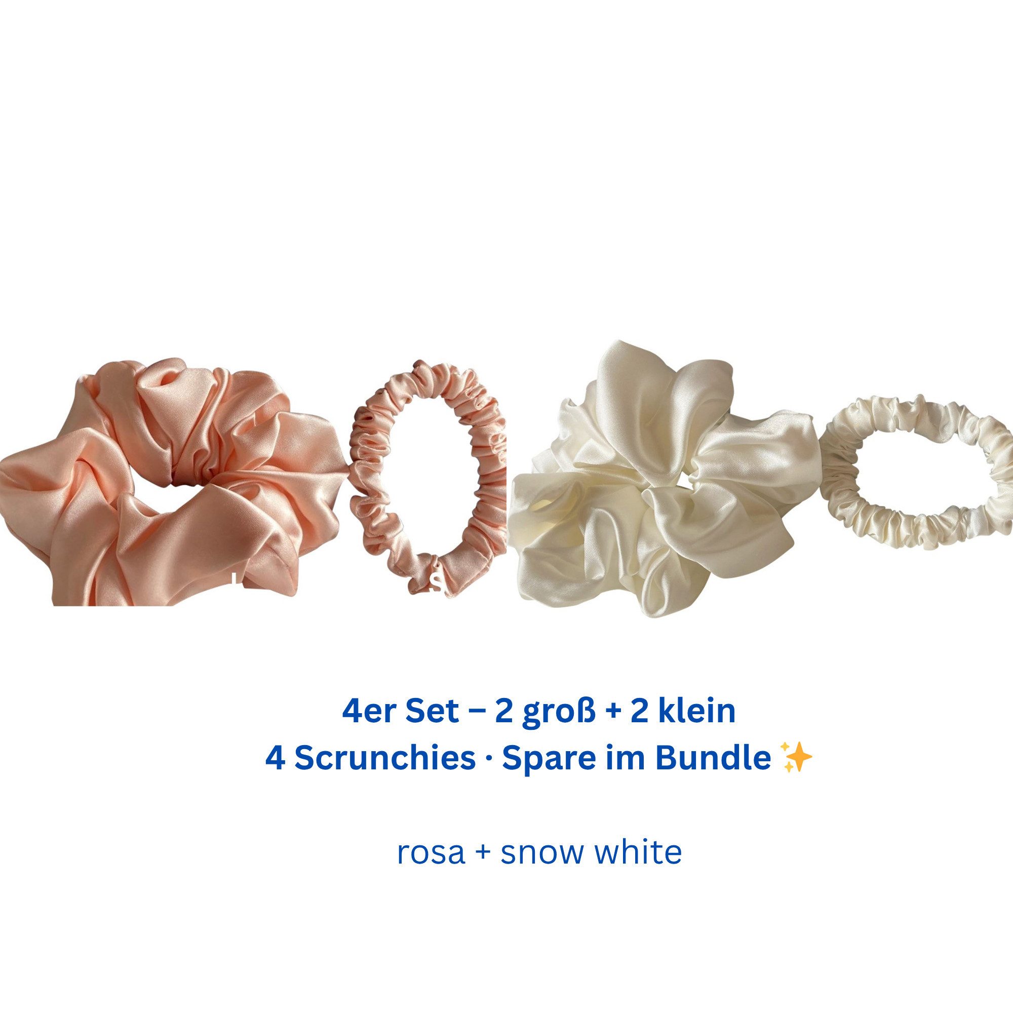 orignee Haargummi Seiden Scrunchies 4er Set, 100% Maulbeerseide, kein Knick,(2×L + 2×S), 4-tlg., 2 Sets – insgesamt 4 Scrunchies (je 1 groß + 1 klein), 100% Maulbeerseide (6A Qualität)