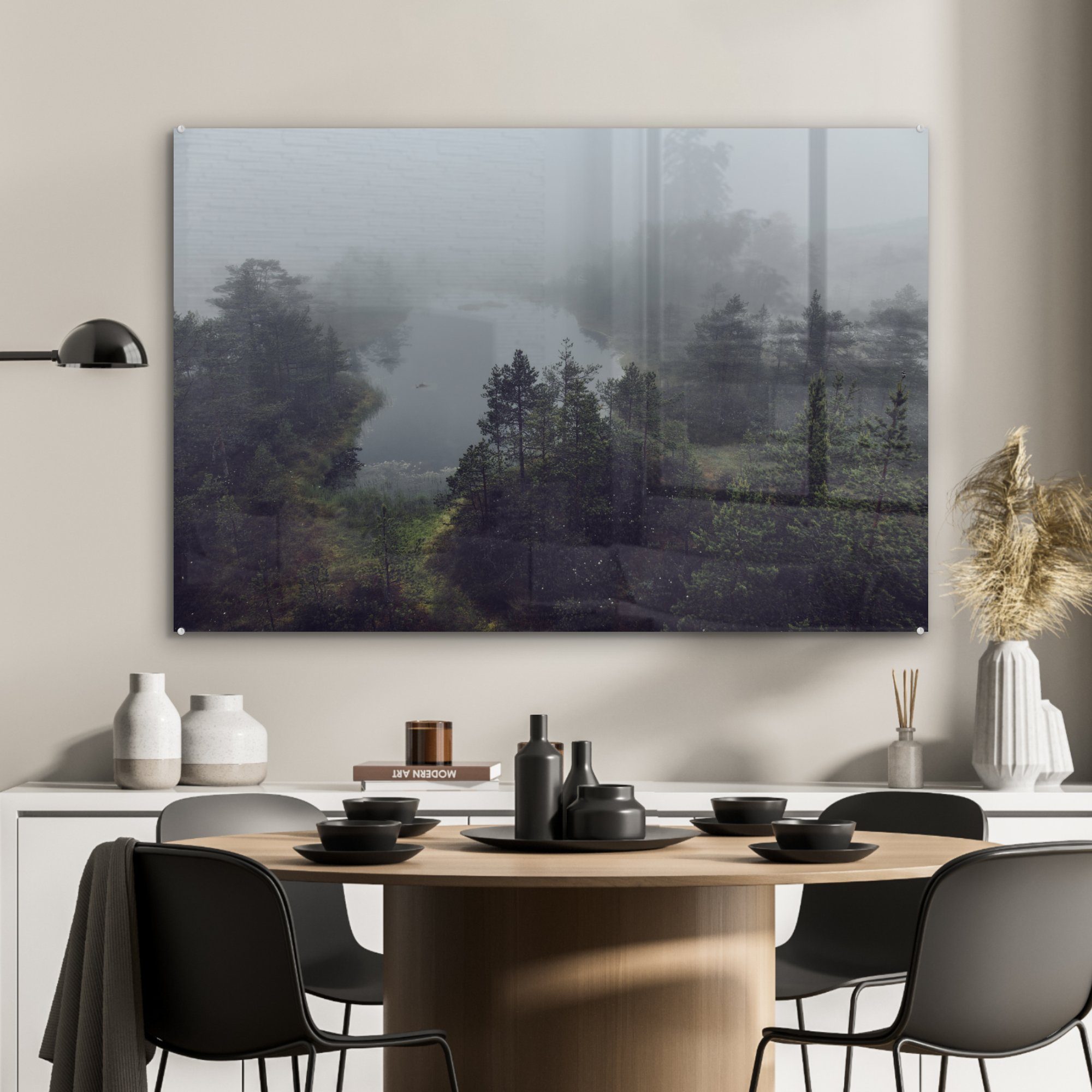 des (1 den Nebel und Nationalparks, Wohnzimmer Sumpfgebiet Acrylglasbilder über dem MuchoWow estnischen Acrylglasbild Bäumen & St), Schlafzimmer