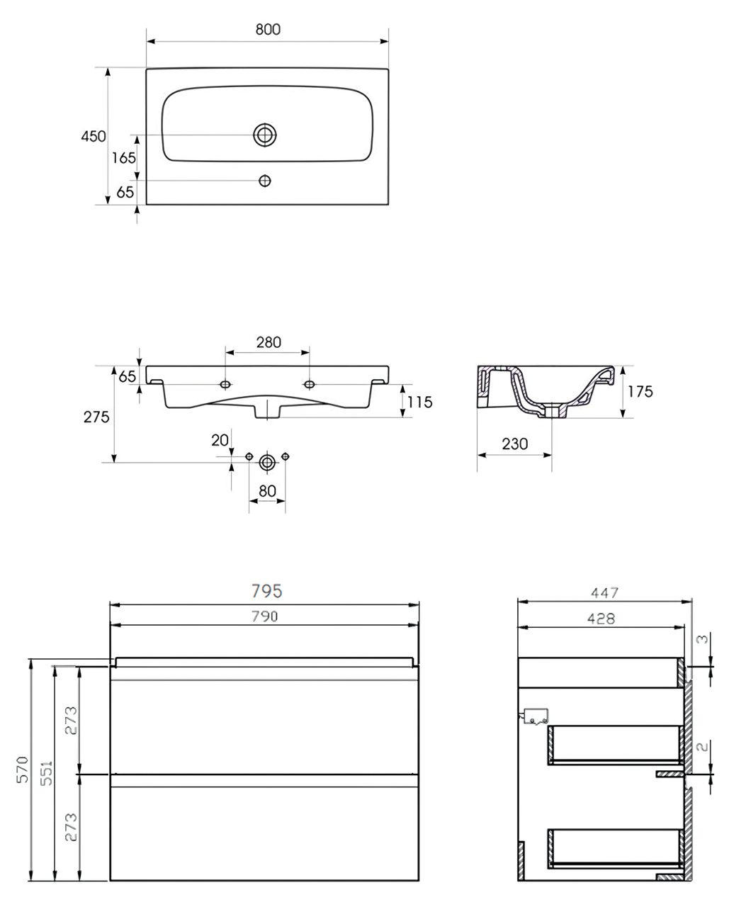 KOLMAN Badmöbel-Set MODUO SLIM 80 Weiß Waschbecken-Unterschrank Hochschrank Schubladen & mit mit 160x40x34, Keramikwaschbecken