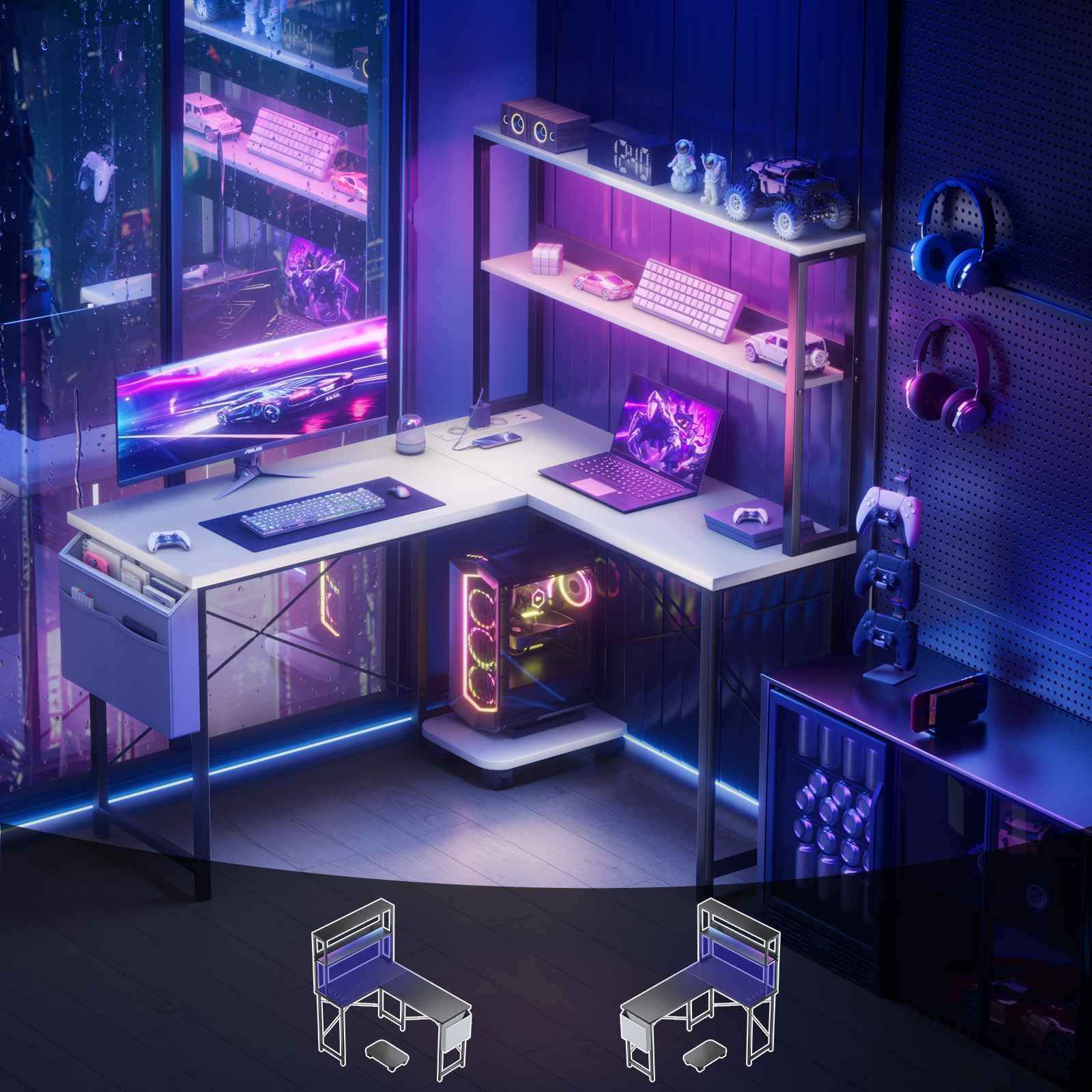 BBWL Computertisch Doppelstock-Computertisch mit RGB-LED, integrierter Steckdosenleiste, 15 mm Spanplatte P2, PVC-Kanten und flexiblem PC-Halter