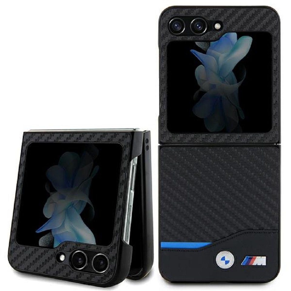 BMW Handyhülle Case für Galaxy Z Flip 5 Carbon Look Logo Metall 6,7 Zoll, Kantenschutz