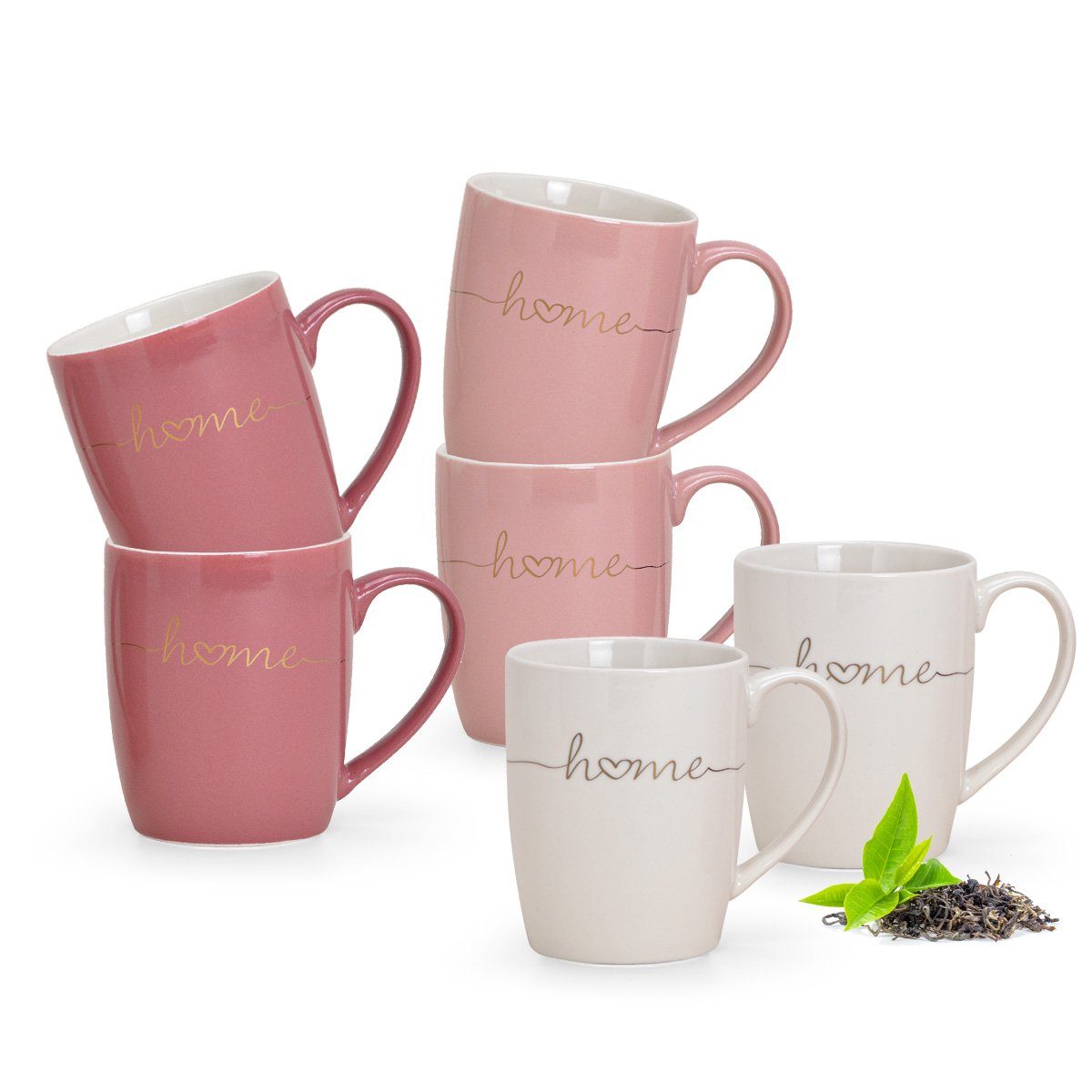 matches21 HOME & HOBBY Tasse Schöne Kaffeetassen 6er Set einfarbig Herzen mit Spruch Home, Porzellan, Tee Kaffee-Becher, klassisch, rosa pink weiss goldfarben, 300 ml