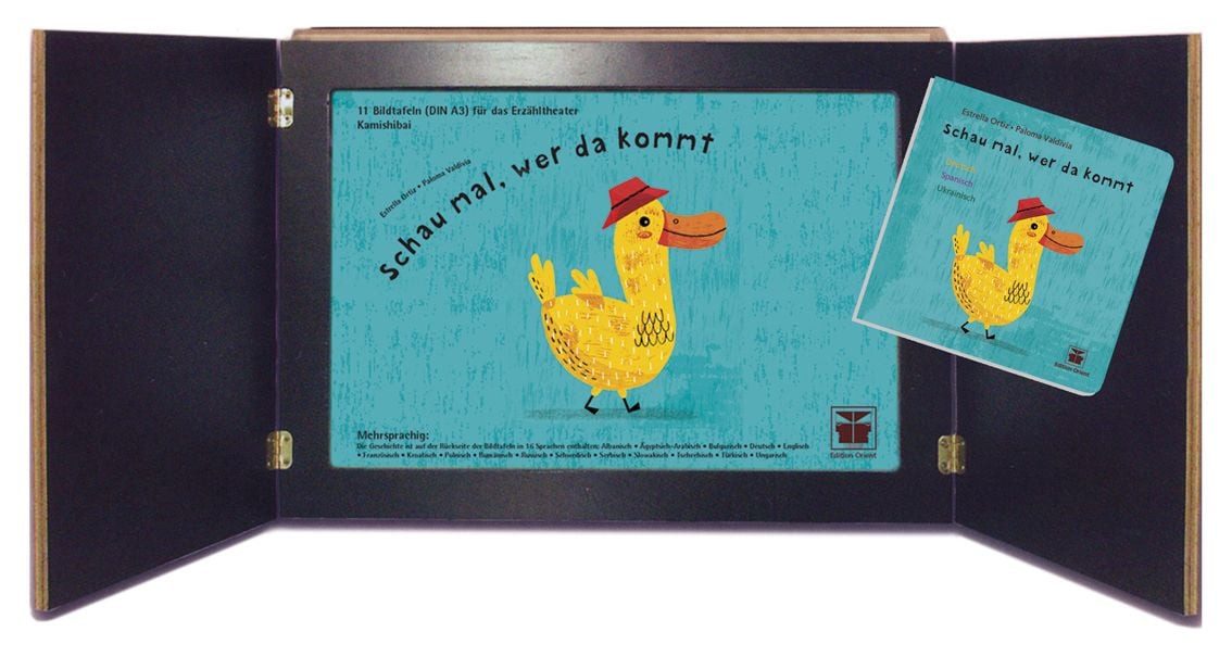 Schau mal, wer da kommt / Estrella Ortiz, Mehrsprachige Kamishibai-Bildtafeln mit Pappbilderbuch