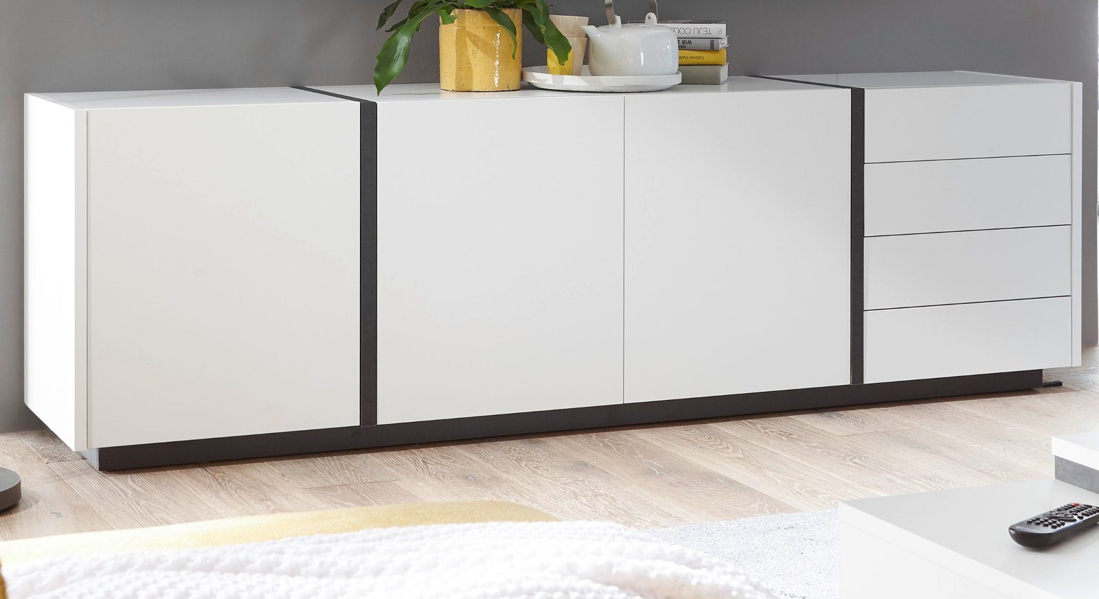 IMV Sideboard »Design-M« (Kommode in weiß mit grau, 210 x 65 cm), mit  Push-to-Open und Soft-Close, Breite 210 cm
