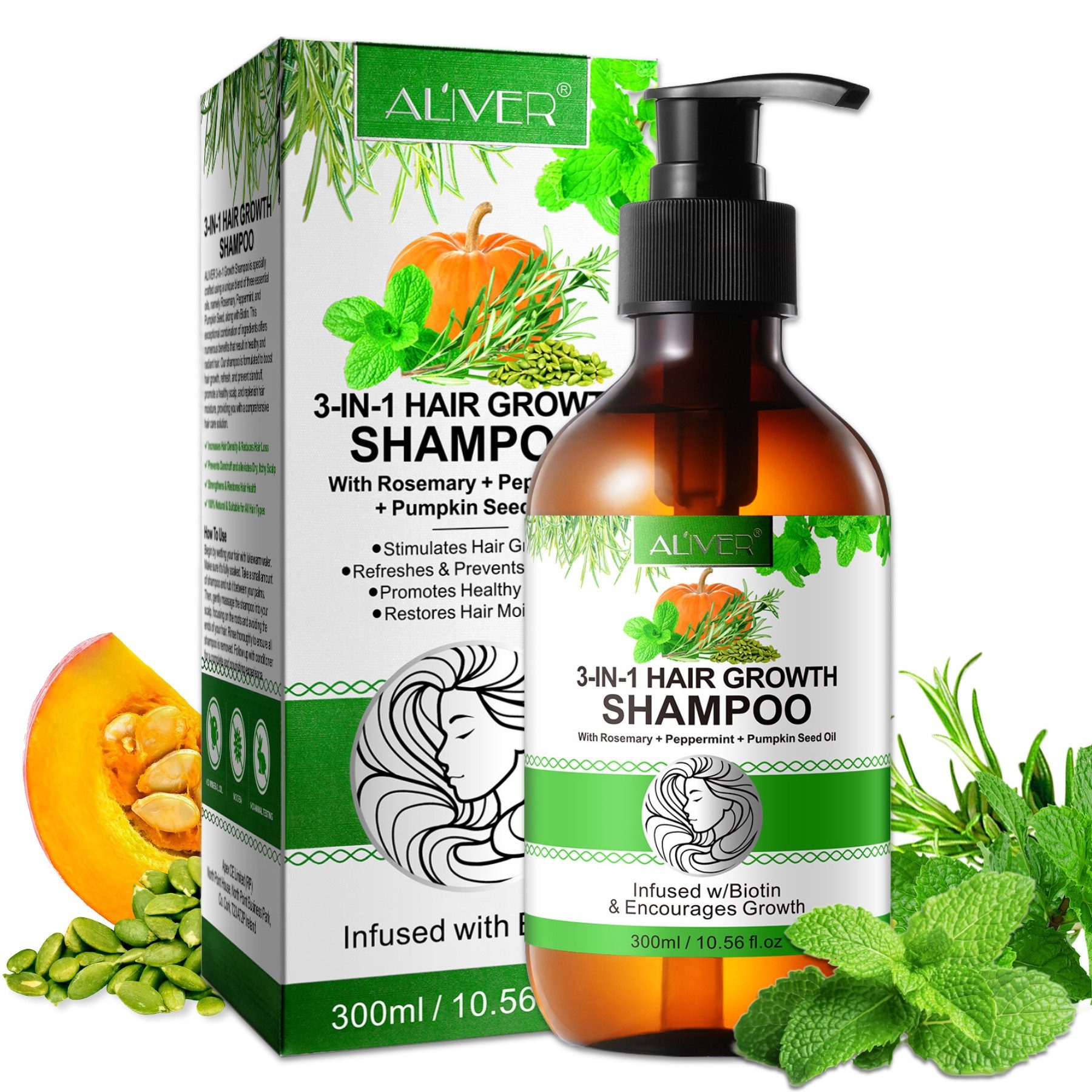 ALIVER Haarshampoo Rosmarin Minze Kürbis Öl mit Biotin für Kopfhaut Pflege Haarwachstum, 2-tlg., Enthält Mineralien, Enthält Vitamine, Ohne Tierversuche