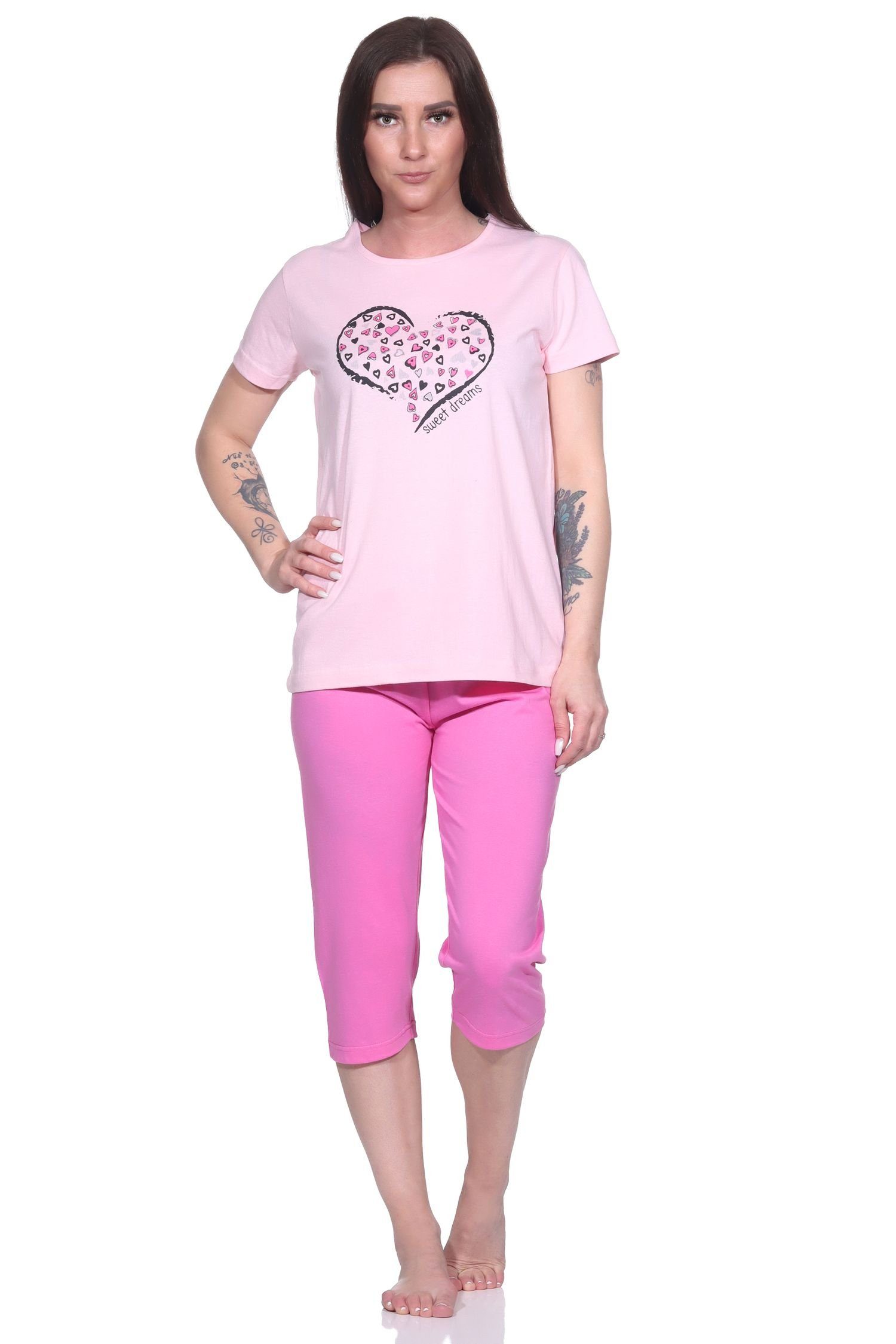 Normann Pyjama Damen Capri Schlafanzug, 3/4-Capri-Pyjama mit süßem Herzchen-Muster rosa