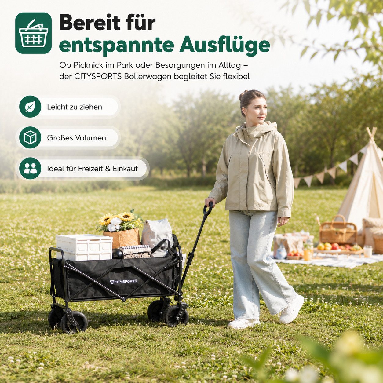 CITYSPORTS Bollerwagen Klappbarer All Terrain 100/150kg faltbar Handwagen für Camping, Strandkarren mit großer Kapazität, für Sport, Einkauf, Camping