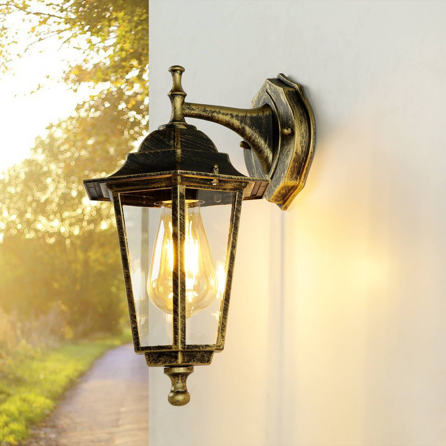 Licht-Erlebnisse Außen-Wandleuchte PARIS, ohne Leuchtmittel, Außen Wandlampe Laterne Rustikal Gold Antik Balkon Garten Leuchte | Wandleuchten