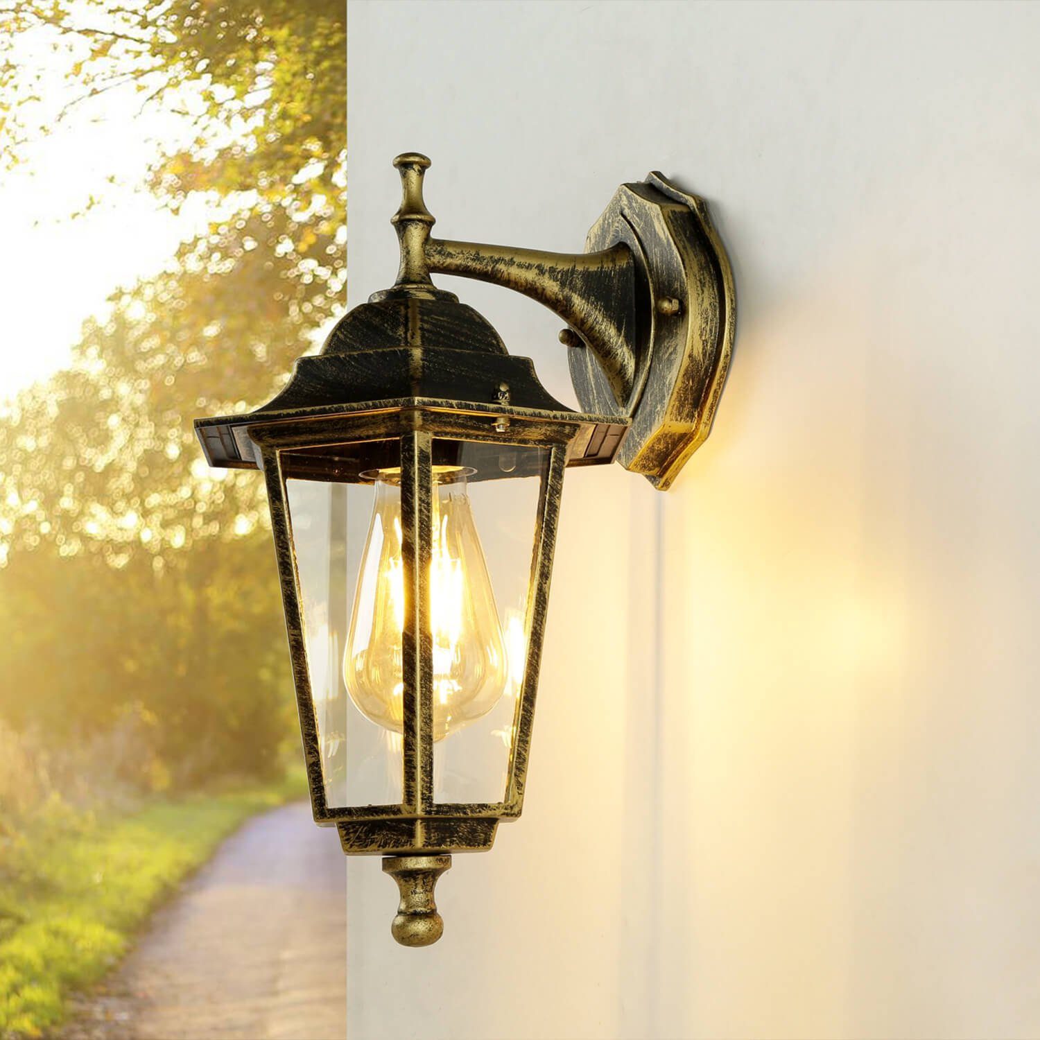 Licht-Erlebnisse Außen-Wandleuchte PARIS, Antik Balkon ohne Garten Gold Leuchtmittel, Rustikal Leuchte Außen Laterne Wandlampe