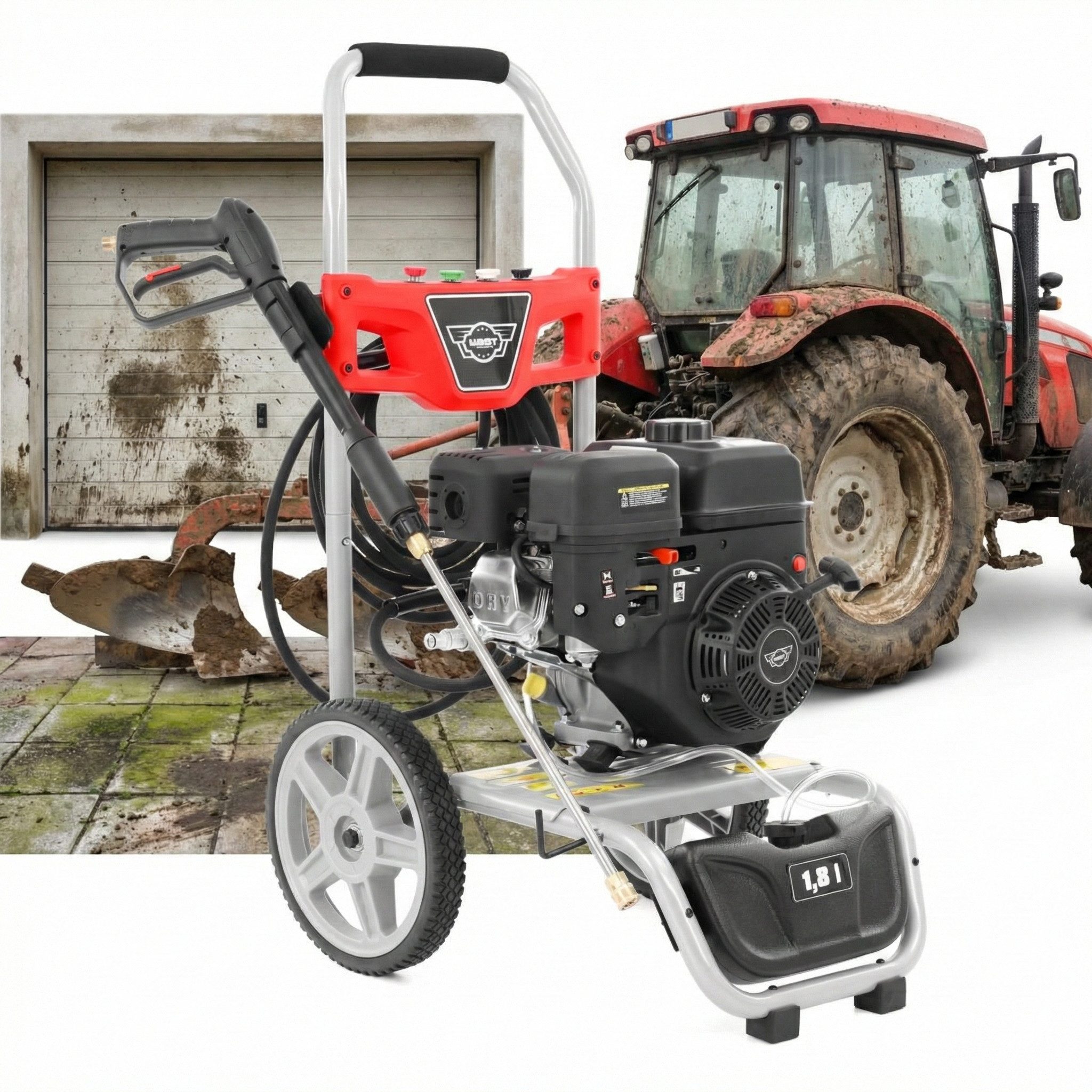 Hecht Hochdruckreiniger Benzin 4,5 kW / 6 PS, selbstansaugend, Saugkorb und 8m Saugschlauch, Druck max: 250 bar, 4500 W, Fördermenge max: 600 l/h, Reinigungstank, Transportgestell, 208 cm³, Transportgestell Metall