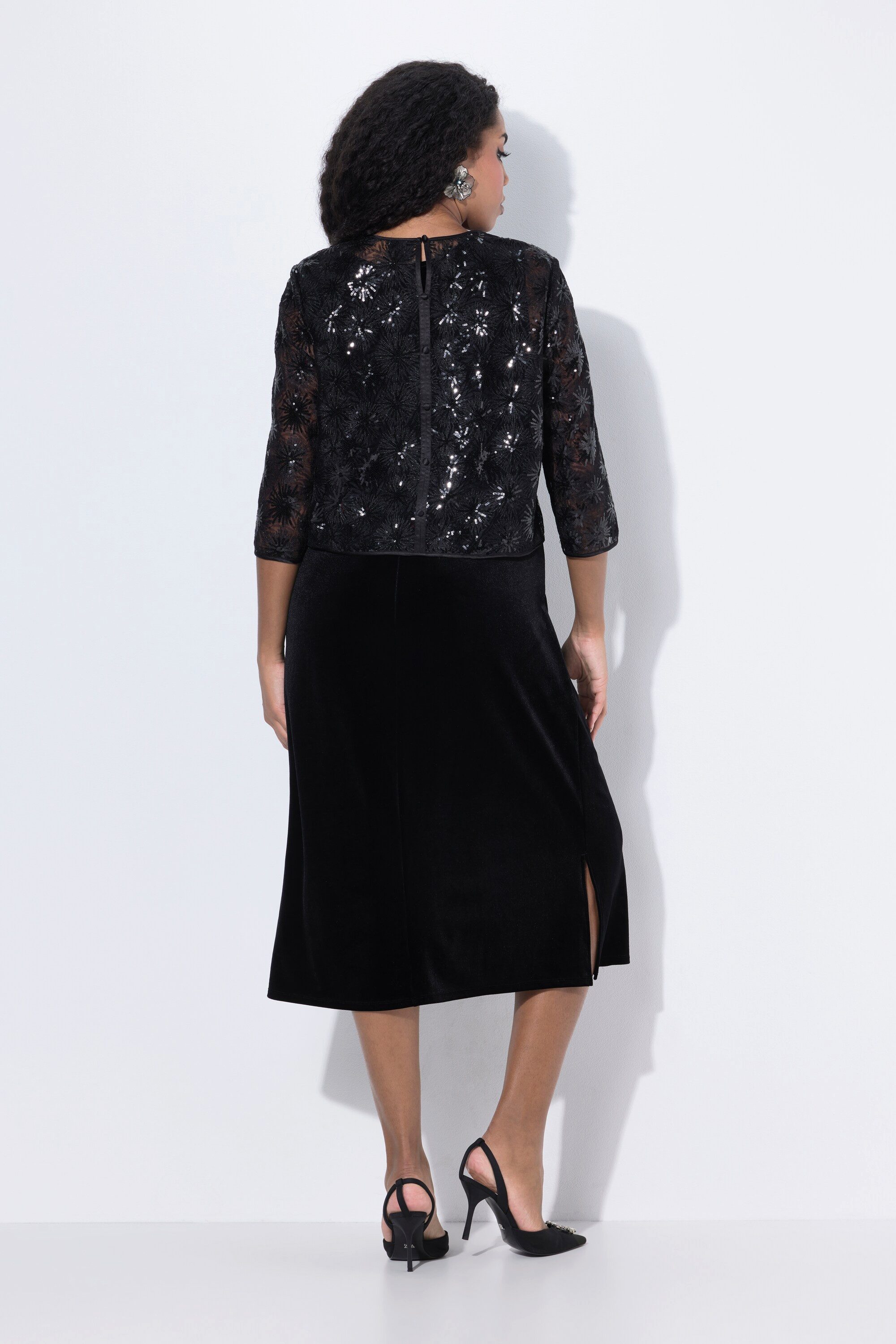 Ulla Popken Cocktailkleid Cocktail-Midikleid Pailletten Rundhals 3/4-Arm