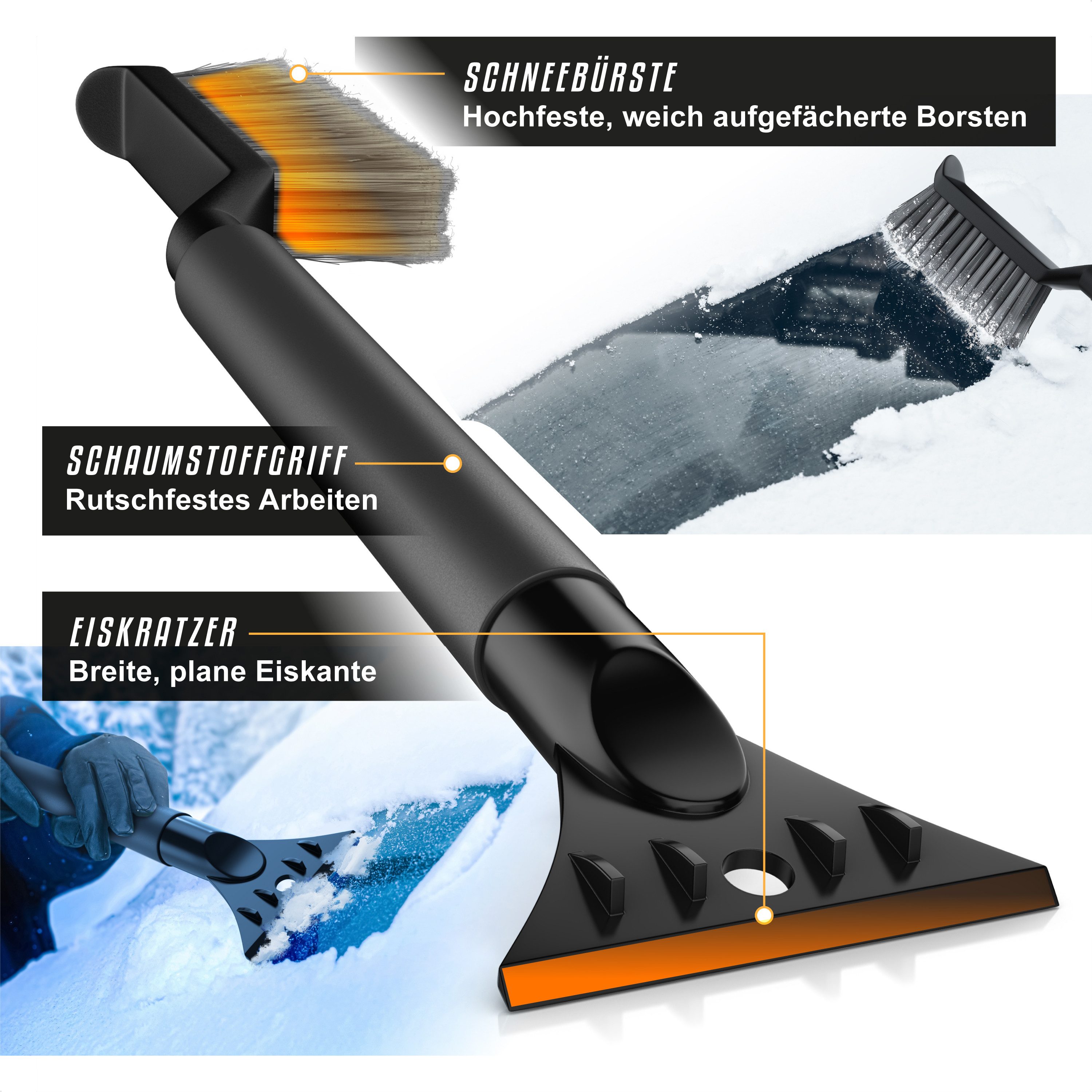 BEARWARE Ice Scraper with Snow Brush for Car, Motorhome & Truck made of shatterproof ABS, gentle 2-in-1 scraper & snow brush, 50cm long with ice breaker teeth