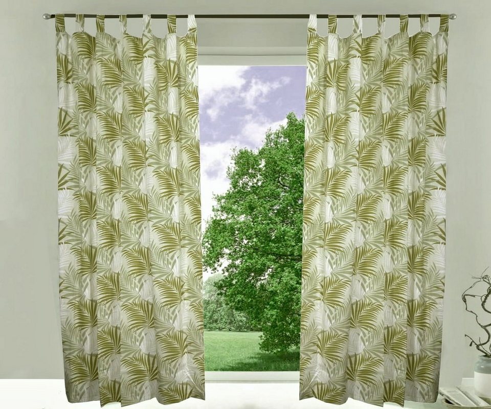 Vorhang, Wohntextilien live, (2 St), Fertigdeko Schlaufen Schal Gardinen  blickdicht grün Palmenblätter, Material: 52 % Polyester, 48 % Baumwolle