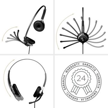 GEQUDIO für Gigaset, Panasonic, Grandstream, Polycom Telefone mit 2,5mm Klinke Headset (2-Ohr-Headset, 80g leicht, Bügel aus Federstahl, mit Wechselverschluss für mehrere Endgeräte, inklusive Anschlusskabel)