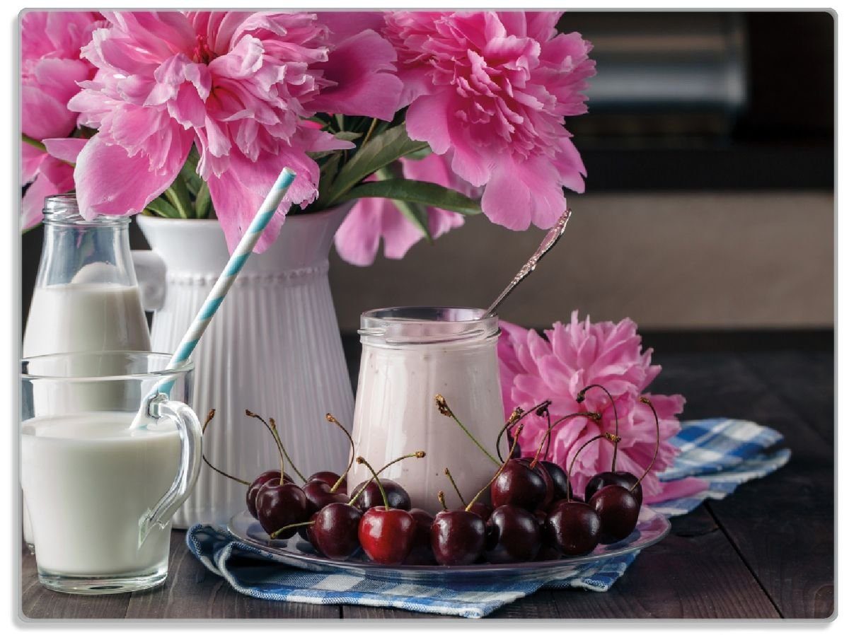 (inkl. Gummifüße Wallario mit Schneidebrett rosa 1-St), Blumenarrangement, rutschfester Frühstück zum 30x40cm 4mm, Kirschen ESG-Sicherheitsglas, mit Milch