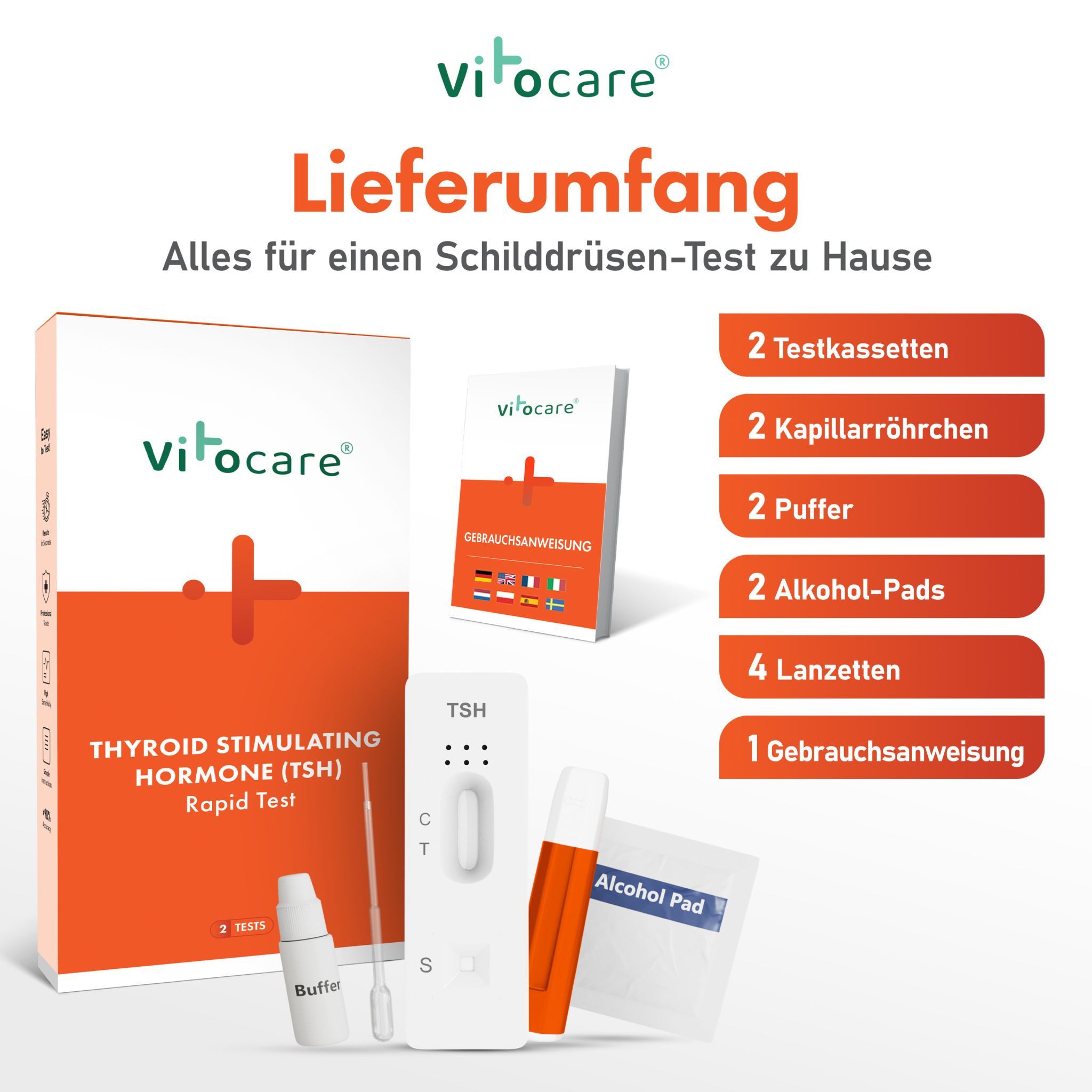 Vitocare Blutzucker-Teststreifen Vitocare TSH-Test 2x – Schilddrüsen-Vorsorge Selbsttest für Zuhause