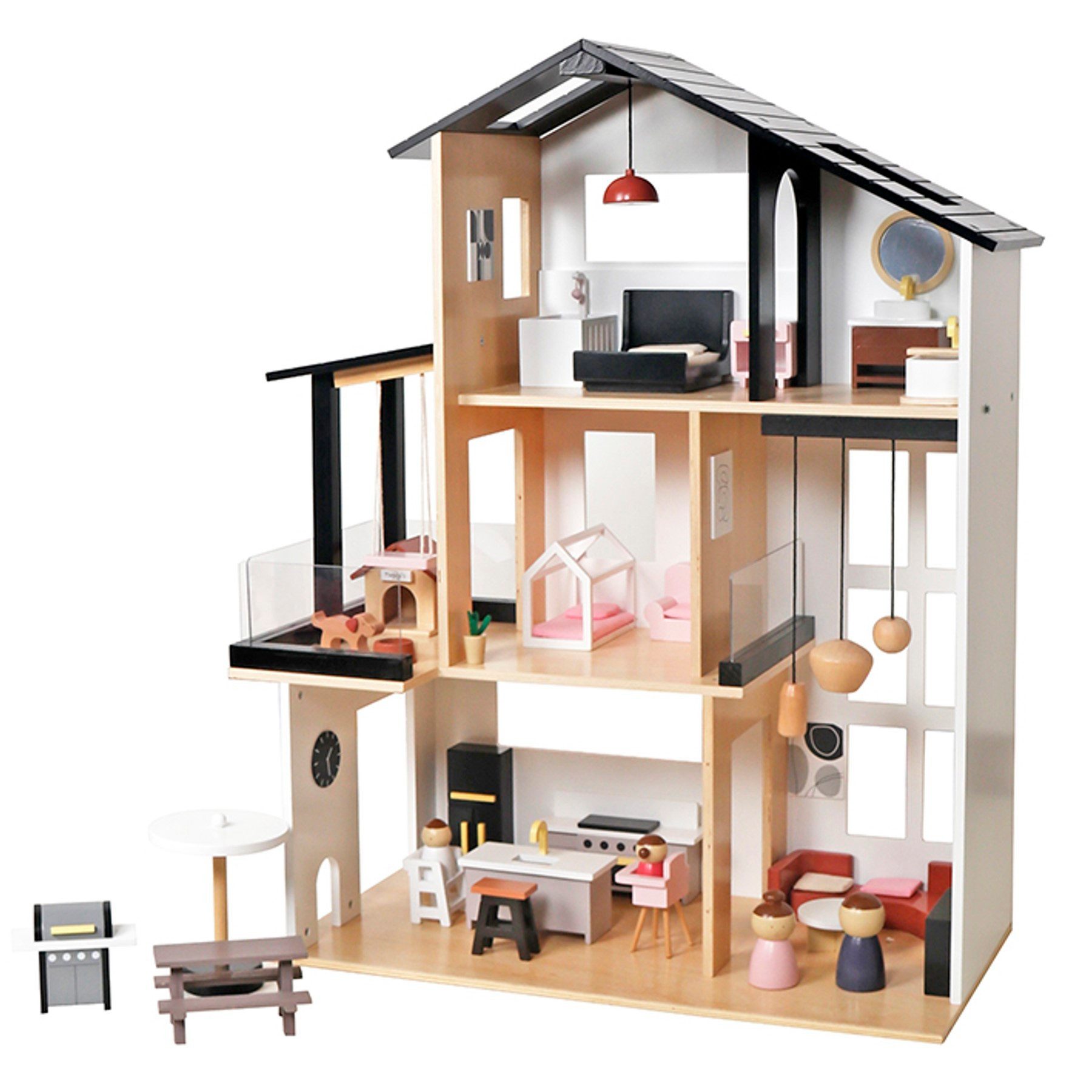 TikTakToo Puppenhaus Moderne Stadtvilla aus Holz mit 49 TLG. Möbelset, 3 Et günstig online kaufen