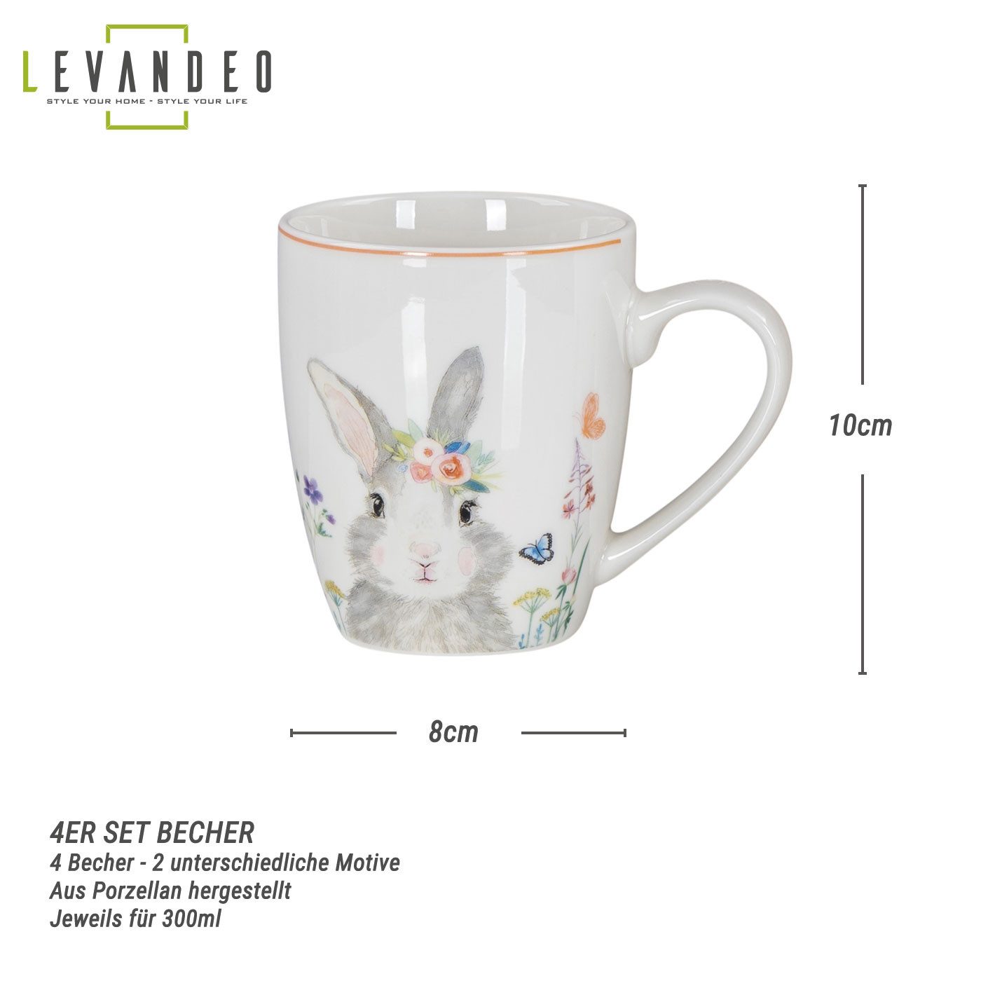 Levandeo® Tafelservice, 4er Set Osterbecher Osterhase Kaffeetasse Ostern Porzellan 300ml