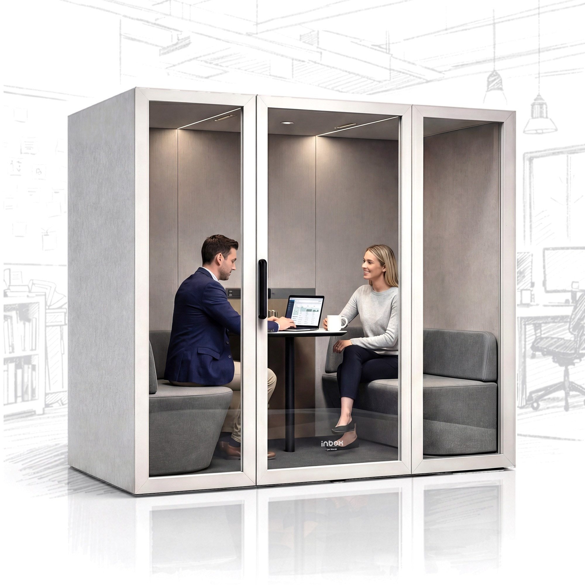 Jan Nowak Büromöbel-Set Akustikkabine Büro INBOX 4 Personen Meetingkabine LED Belüftung, (2100 x 2200 x 1220 mm Schalldämmung 30 dB 15 Luftwechsel/h), Besprechungskabine Office Pod Bürokabine 30 dB Tisch Sitzplätze