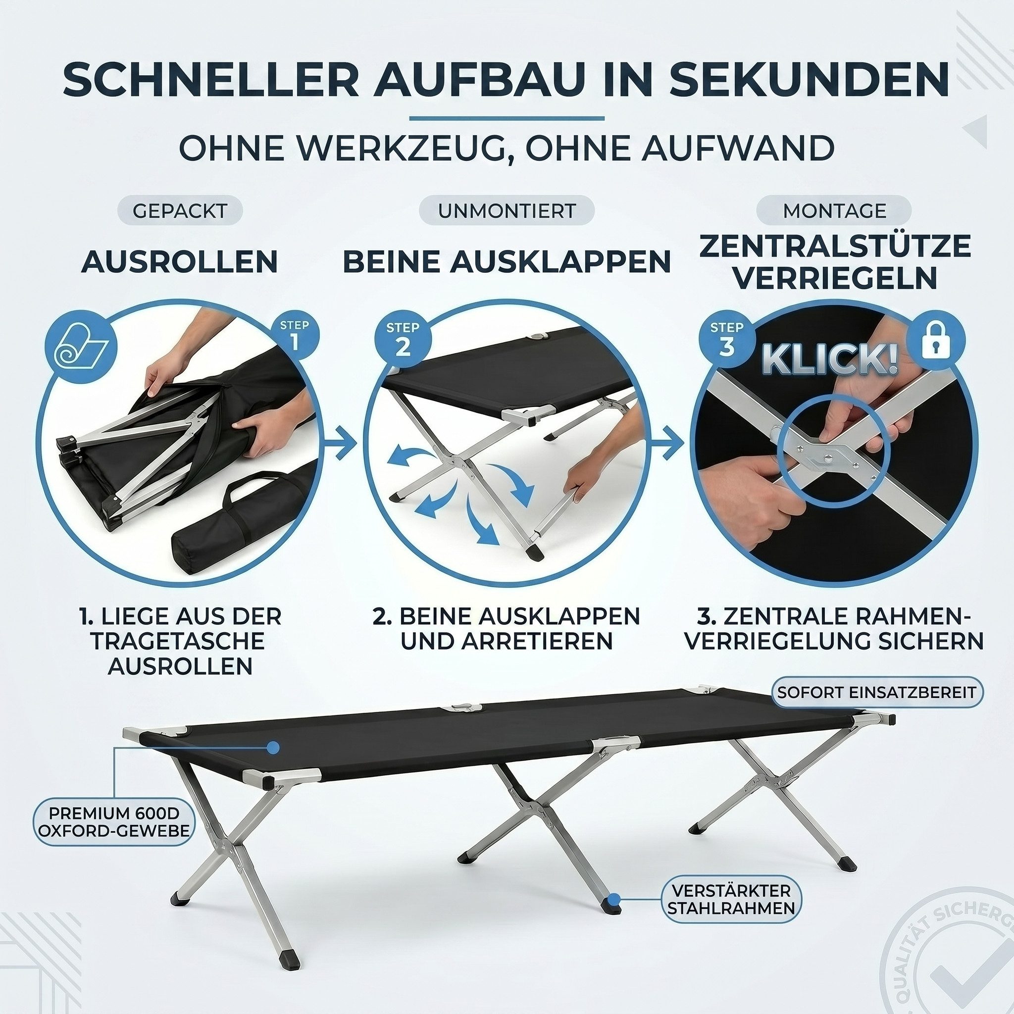 Goods+Gadgets Feldbett Faltbares Aluminium-Feldbett – Robust & Leicht für Camping & Gästebett (Campingbett, Klappbett) Gästebett aus Aluminium