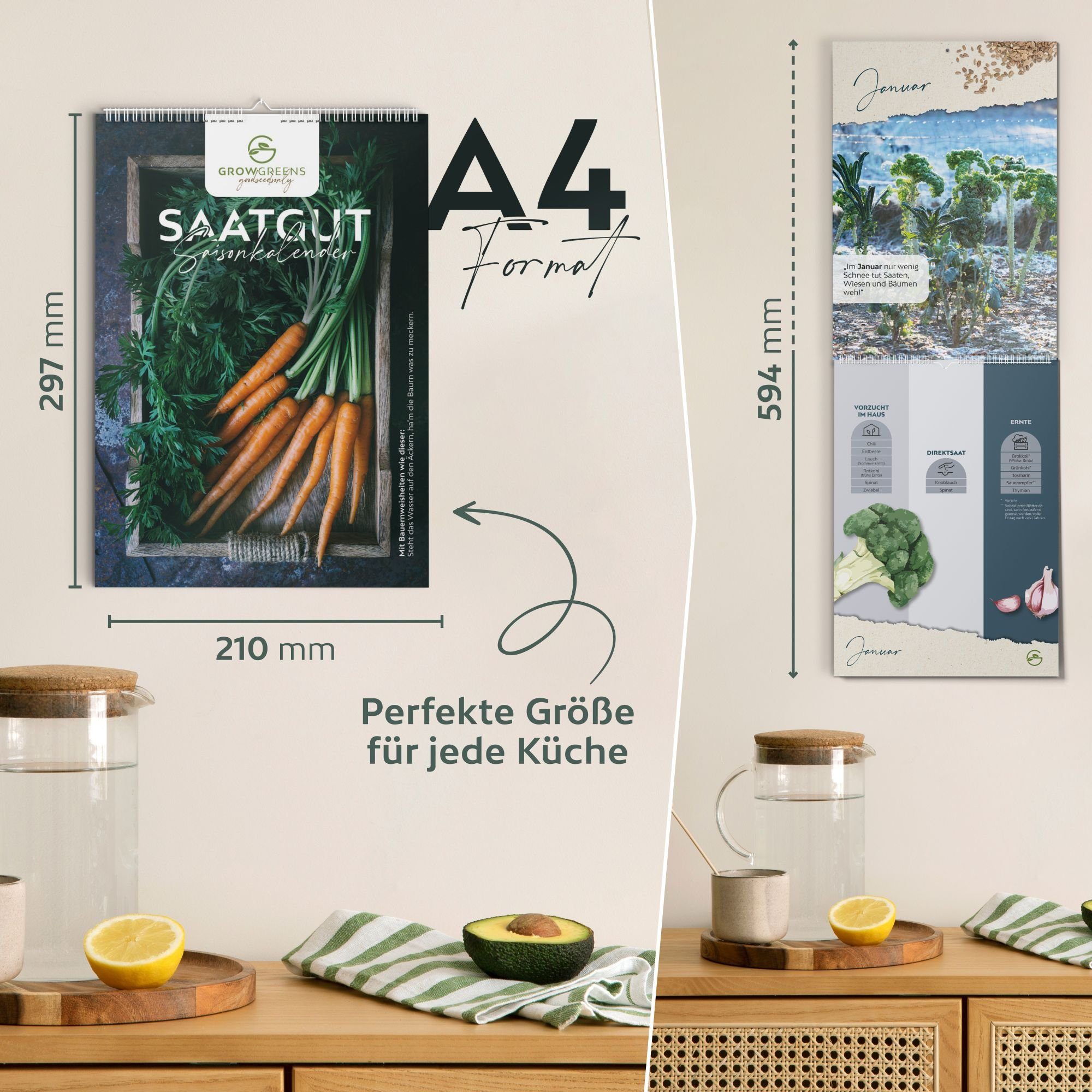 Growgreens Monatskalender Saisonkalender für Obst & Gemüse - Aussaatkalender mit Illustrationen, Aussaatkalender