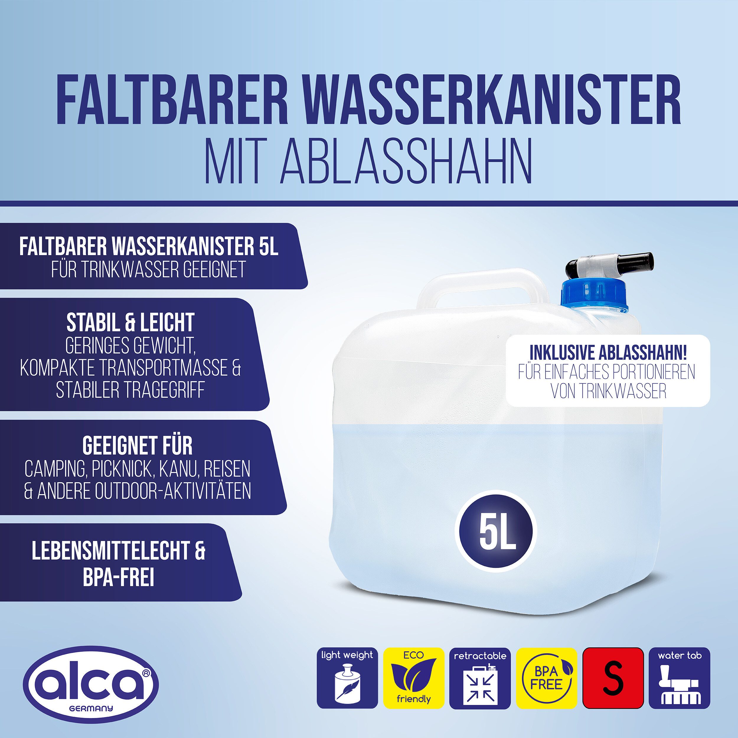 alca Wassertank Wasserkanister faltbar 5l Trinkwasserbehälter mit Ablasshahn BPA-frei (1 St)