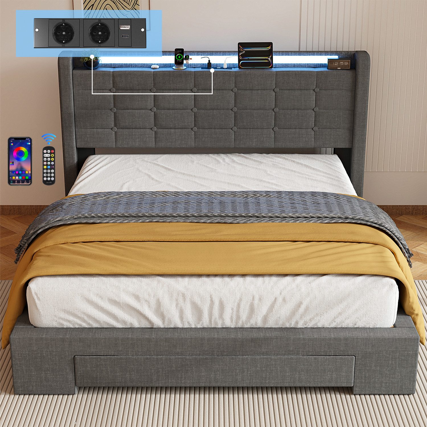 oyajia Polsterbett Stauraumbett Doppelbett mit LED günstig online kaufen