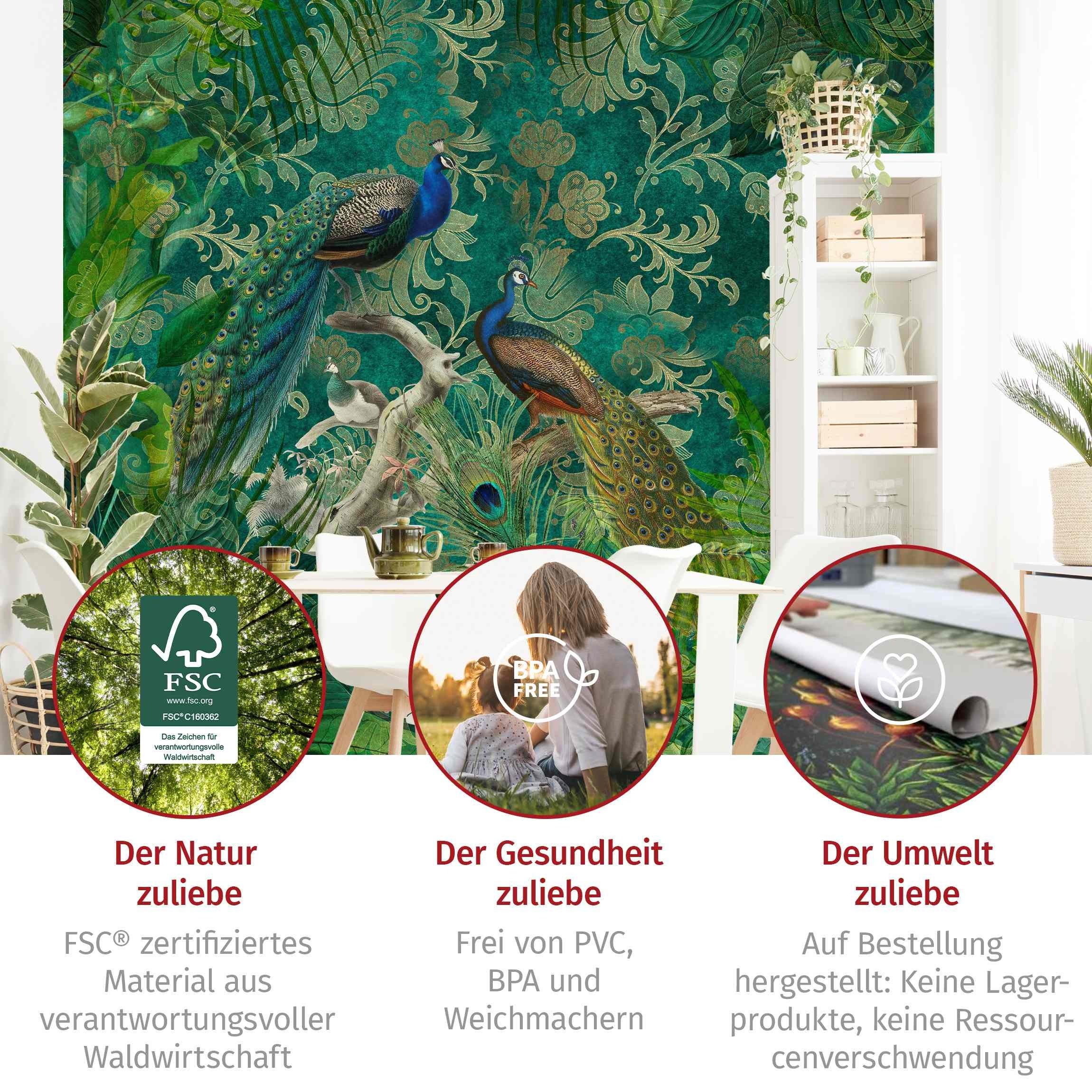 Bilderdepot24 Vliestapete Vintage Shabby Chic Collage Edler Pfau Dschungel Tropisch Wanddeko, Glatt, Matt, (Vliestapete inkl. Kleister oder selbstklebend), Wohn – Bild 5 von 5