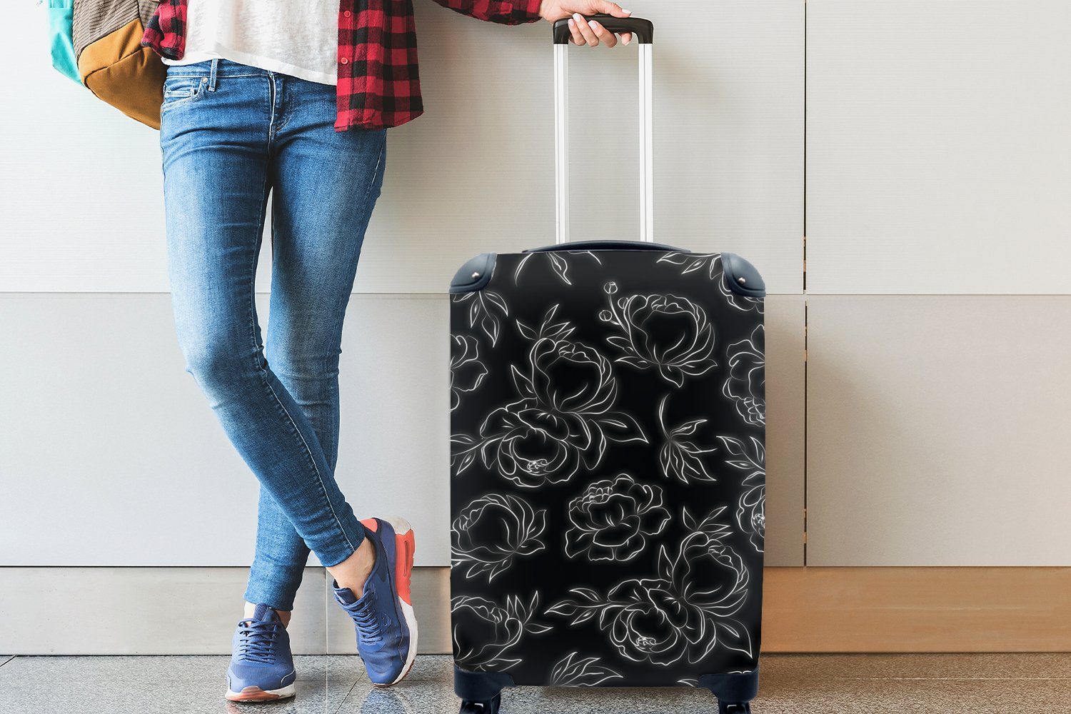 Reisekoffer weiß - Reisetasche Muster Ferien, 4 MuchoWow Linienkunst, Blumen Rollen, Schwarz - Trolley, und für Handgepäckkoffer Handgepäck rollen, mit -