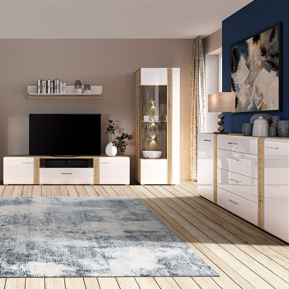 Lomadox Wohnzimmer-Set AKRON-131, (Mega-Spar-Set, 4-St., 4-tlg), Wohnzimmermöbel modern Sideboard, Vitrinenschrank, Lowboard, Wandregal