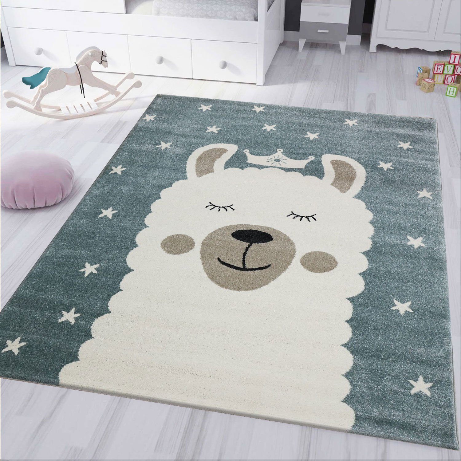 Kinderteppich Lama Design pink &Türkis für Kinderzimmer