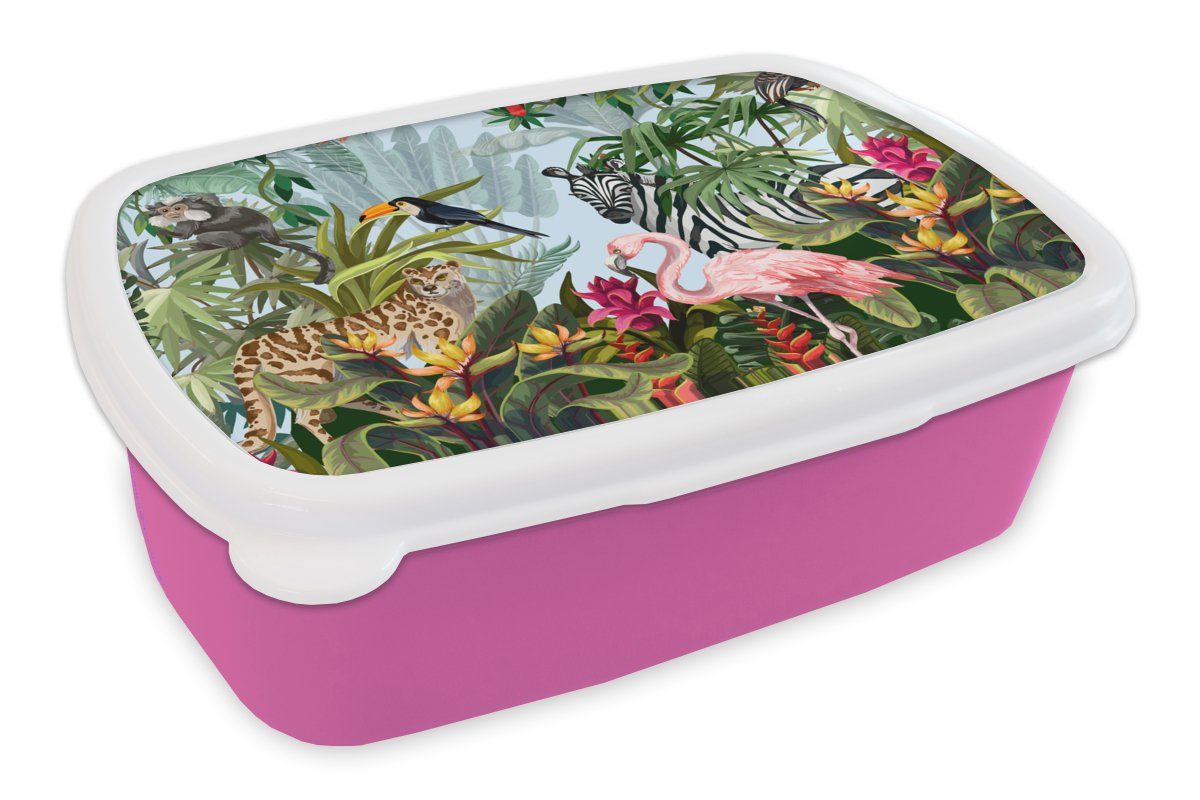 MuchoWow Lunchbox Dschungel - Natur - Jungen - Mädchen - Kinder - Zebra - Flamingo, Kunststoff, (2-tlg), Brotbox für Erwachsene, Brotdose Kinder, Snackbox, Mädchen, Kunststoff rosa