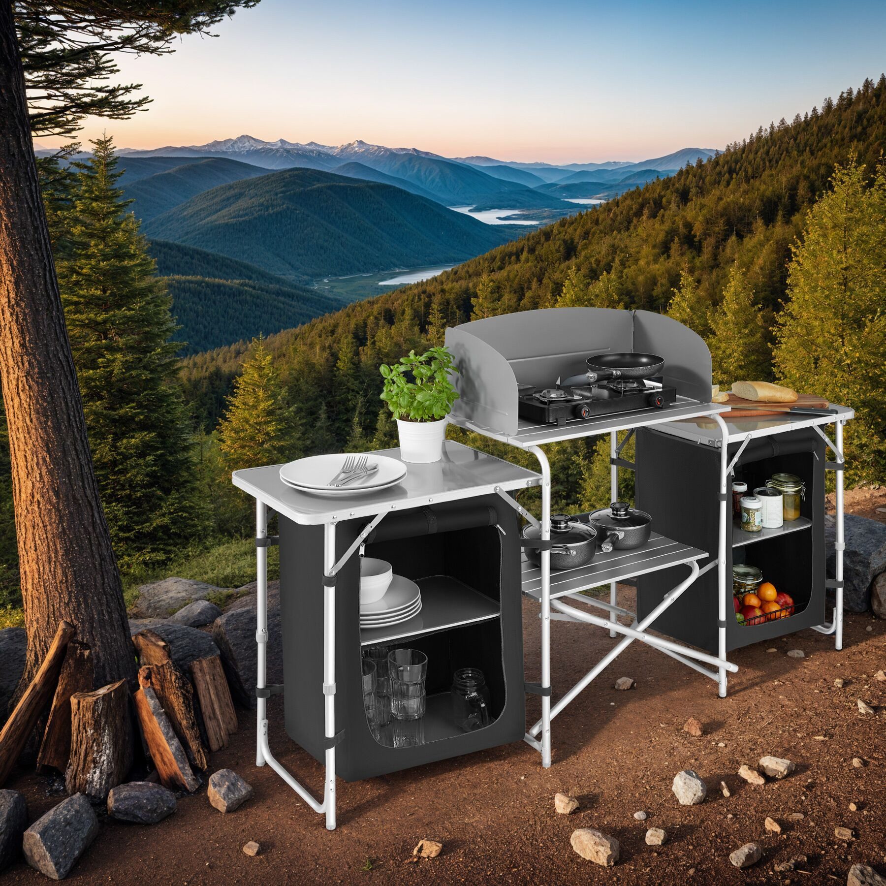 tectake Campingtisch Outdoor Küchenzeile XXL wetterfest faltbar viel Stauraum Windschutz (Faltbare Campingküche, 1-St., in Schwarz), Aluminiumgestell mit höhenverstellbaren Füßen und Arbeitsplatte