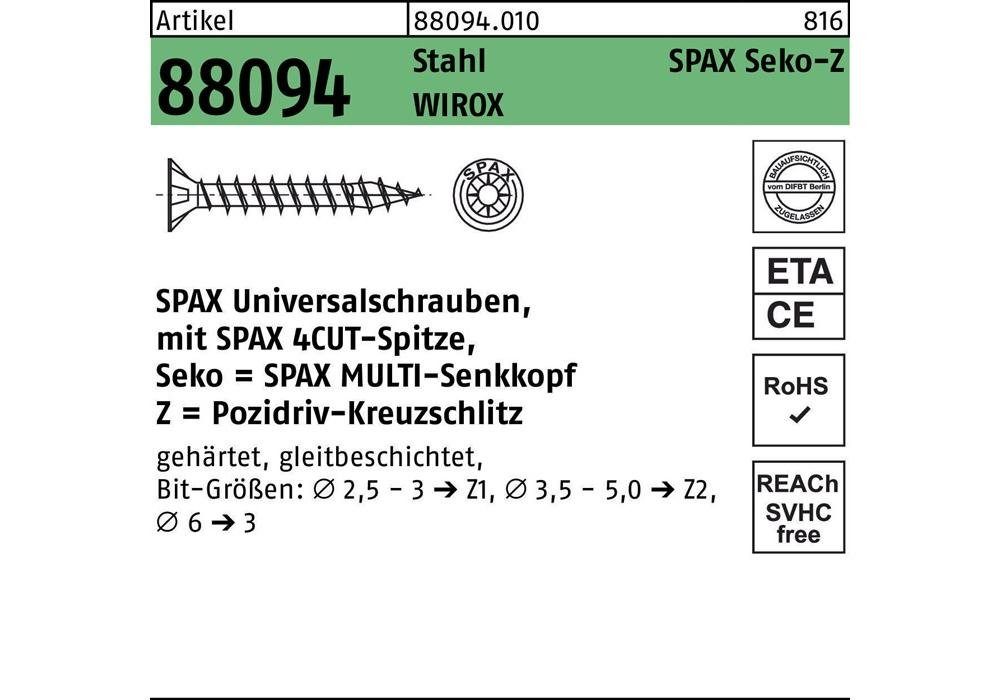 SPAX Senkschraube Schraube R WIROX Stahl 3 x 88094 7-Z verzinkt m.Spitze/Kreuzschl.-PZ galvanisch Senkkopf 10