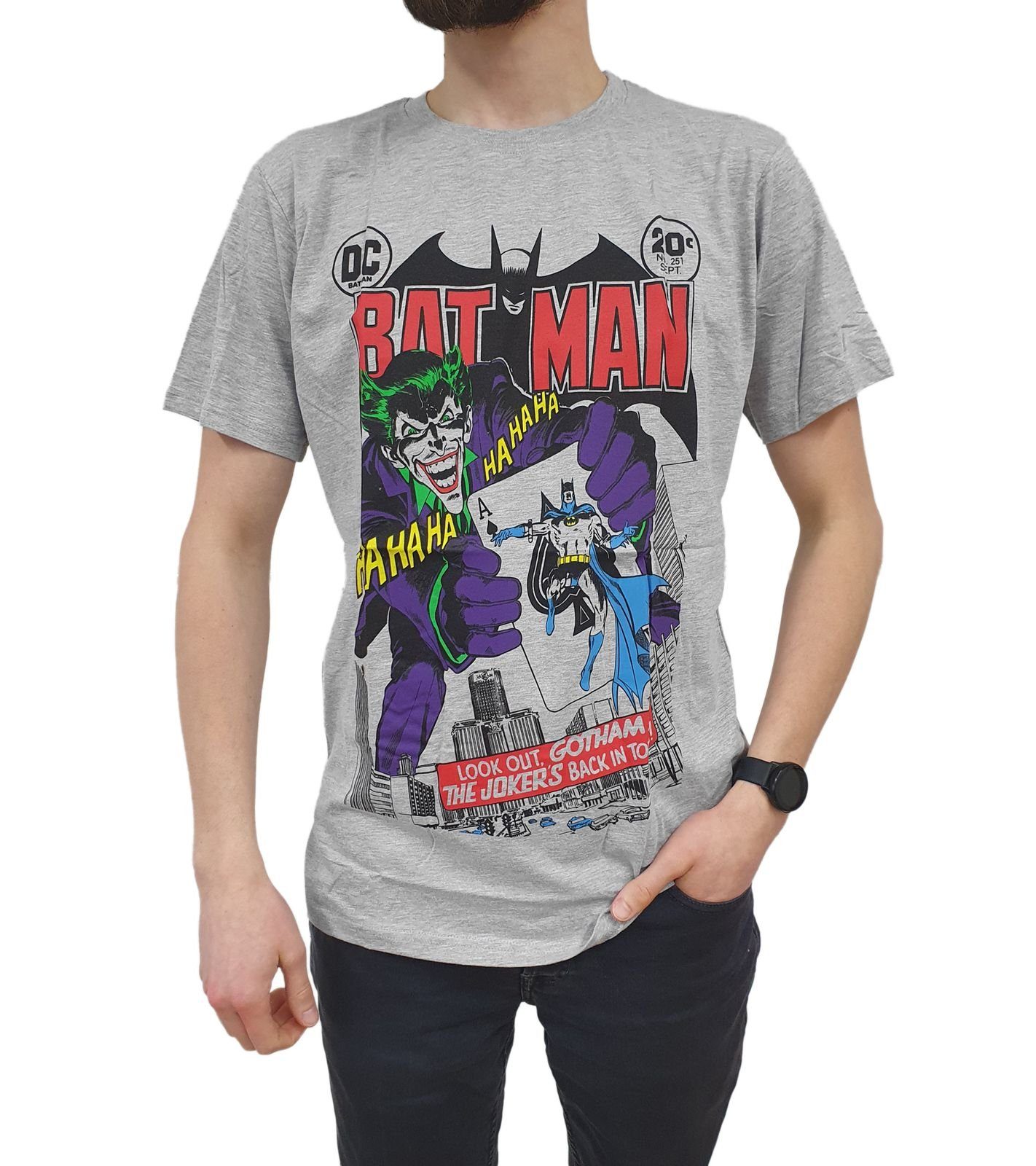 DC Comics Rundhalsshirt DC Comics Herren Batman Kurzarm-Shirt T-Shirt mit The Joker Aufdruck 012763 Freizeit-Shirt Grau/Bunt