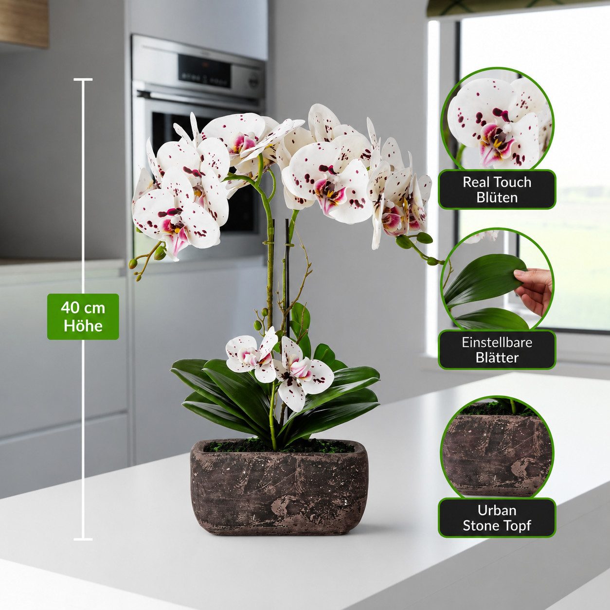 Kunstorchidee PASCH® Orchidee künstlich wie echt (40cm) in Urban Stone Töpfen Orchidee, PASCH, Real Touch Blüten, Handgefertigter Stone Cube