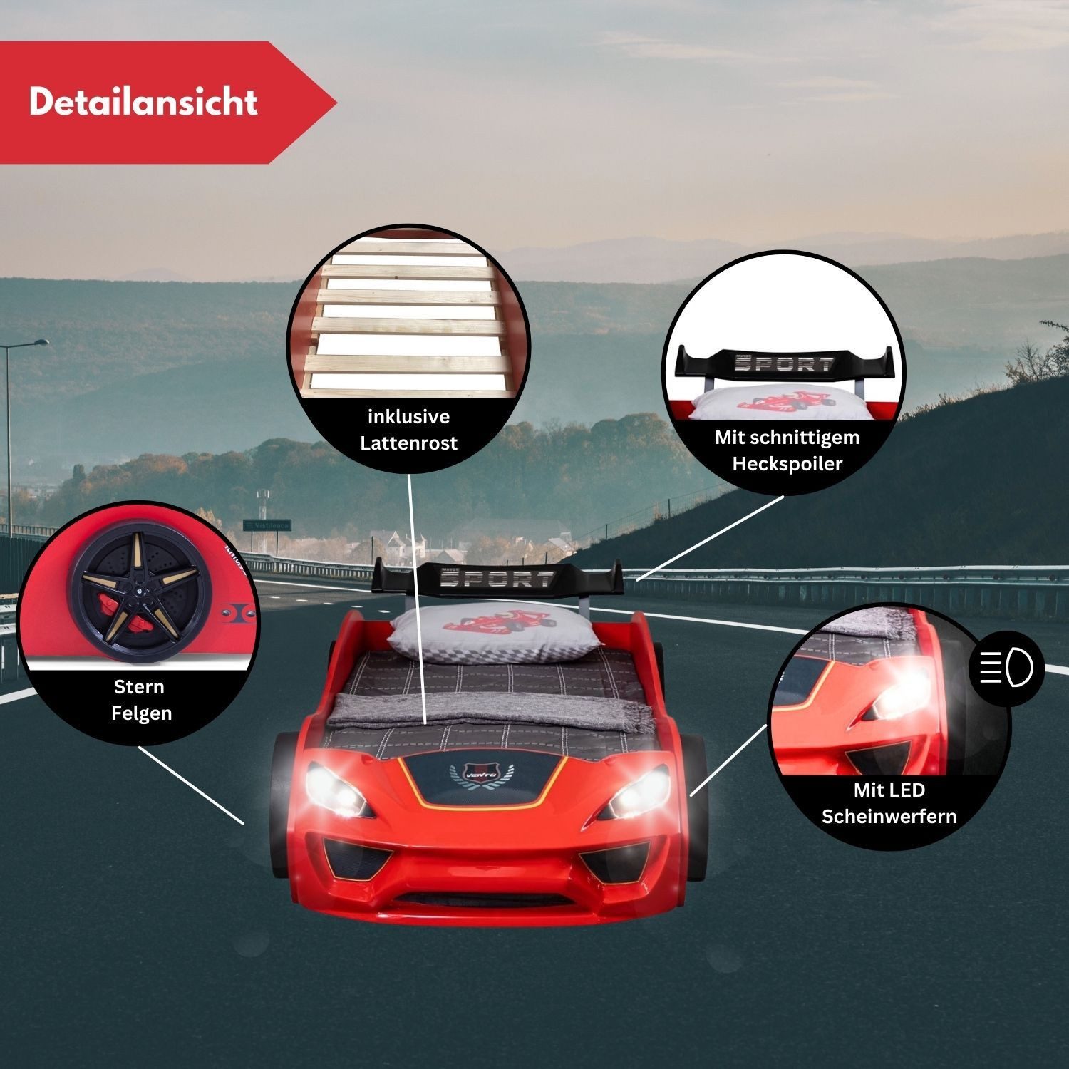 Coemo Autobett DREAM RACER (Spielbett mit Spoiler), Rot Kinderbett 90x200 Rennwagen inkl. Lattenrost LED-Licht Spielbett