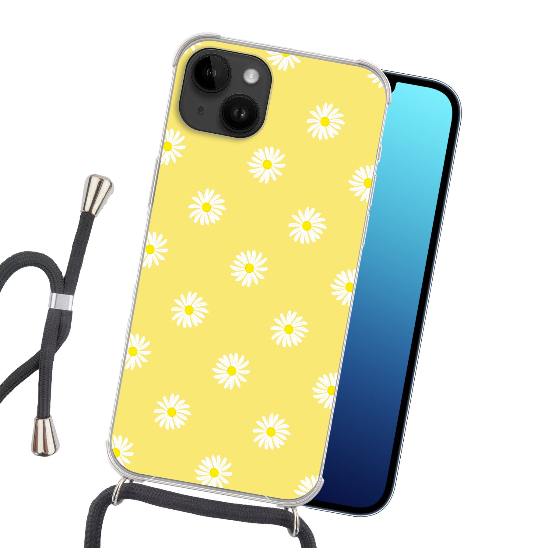 MuchoWow Handyhülle für Apple iPhone 14 Gänseblümchen - Pastell - Weiß - Gelb - Blumen, Tragbare Handyhüllen mit Kette zum umhängen, Handykette Handyband