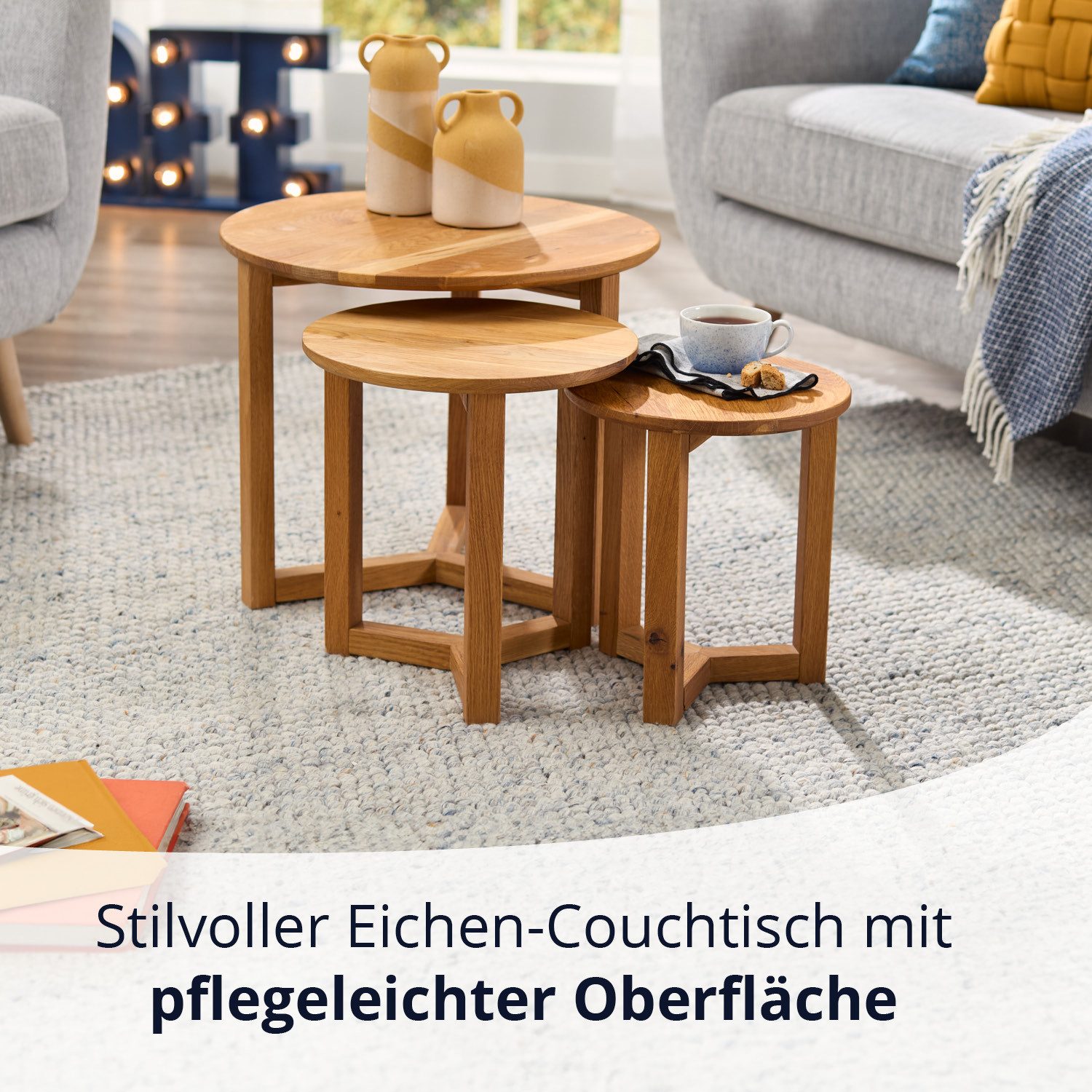 KHG Couchtisch 3er Set geöltes Massivholz Eiche runde Tischplatte (Kufen-Gestell klassisches Sofatisch-Set belastbar 50 kg, langlebiges Holz rustikales Design p – Bild 5 von 5