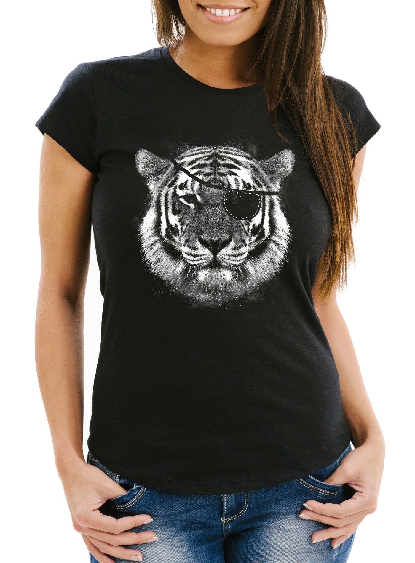 Damen mit Stylishes Tiger T-Shirt Print Print-Shirt Eye Moonworks® MoonWorks Patch Augenklappe Pirat