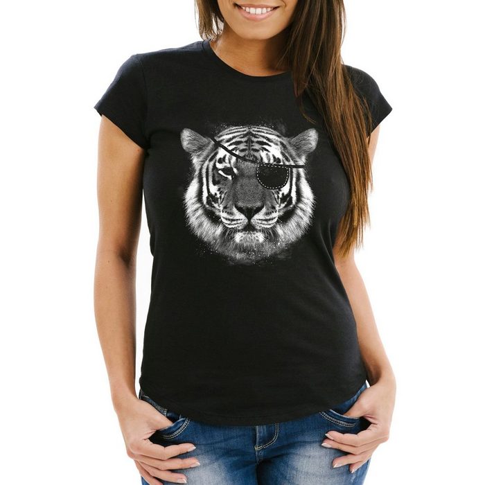 MoonWorks Print-Shirt Stylishes Damen T-Shirt Tiger Augenklappe Eye Patch Pirat Moonworks® mit Print