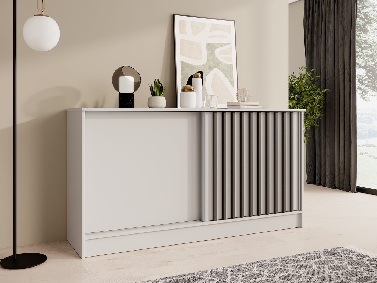 Beautysofa Kommode mit 2 Schiebetüren HORIZON (in 120 cm oder 160 cm, verschiedene Farben: Eiche Artisan, Schwarz, Weiß, Kaschmir), mit dekorativen Lamellen