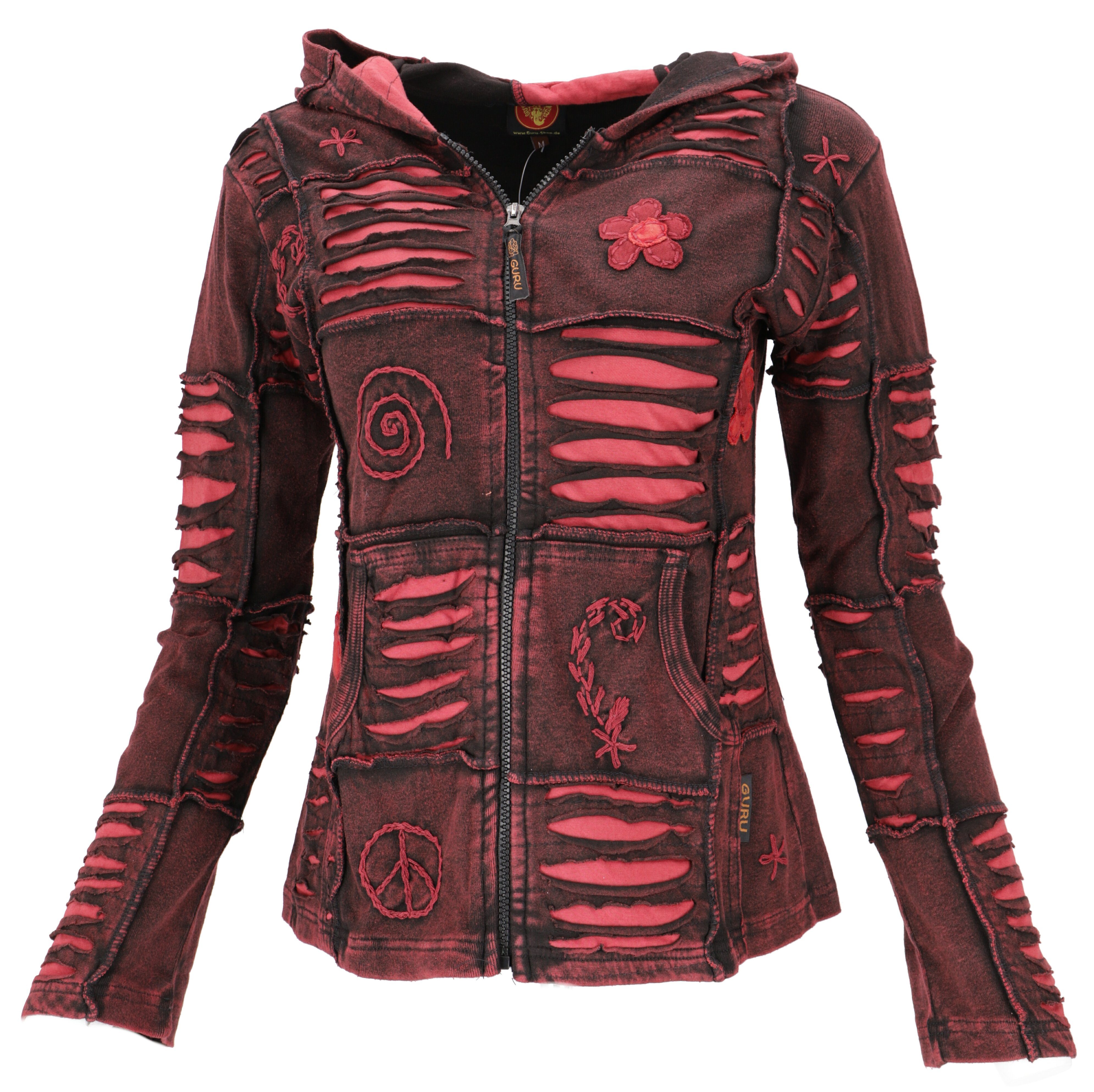 Guru-Shop Langjacke Goa Patchwork Jacke, Boho Kapuzenjacke -.. alternative Bekleidung schwarz/bordeauxrot