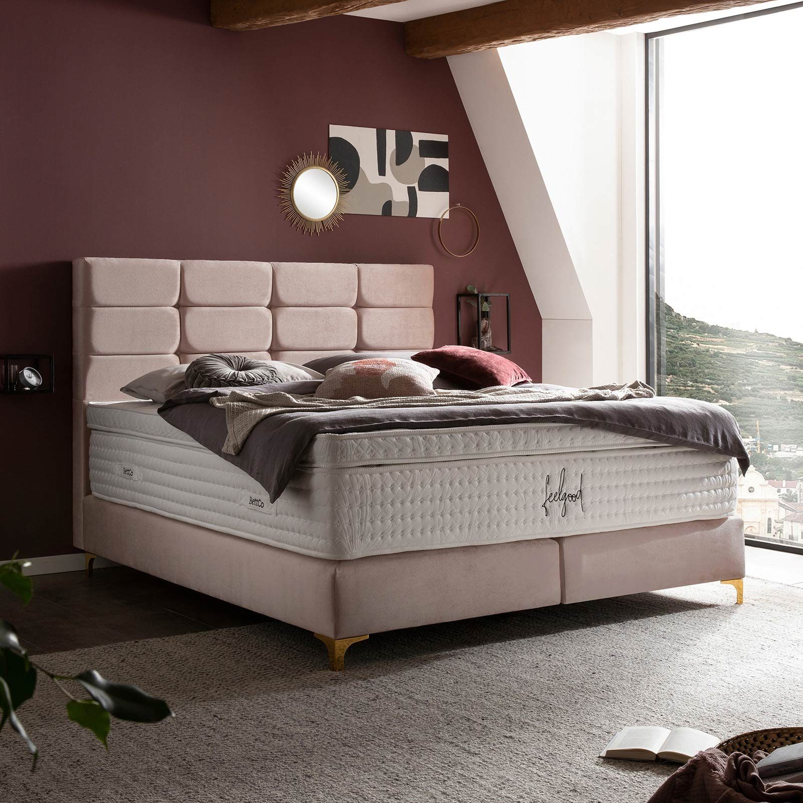 (140 BettCo Rose Füße Kachel-Design in Topper, + Boxspringbett 200 Samt), optionaler in Gold-Optik Kansas cm, x