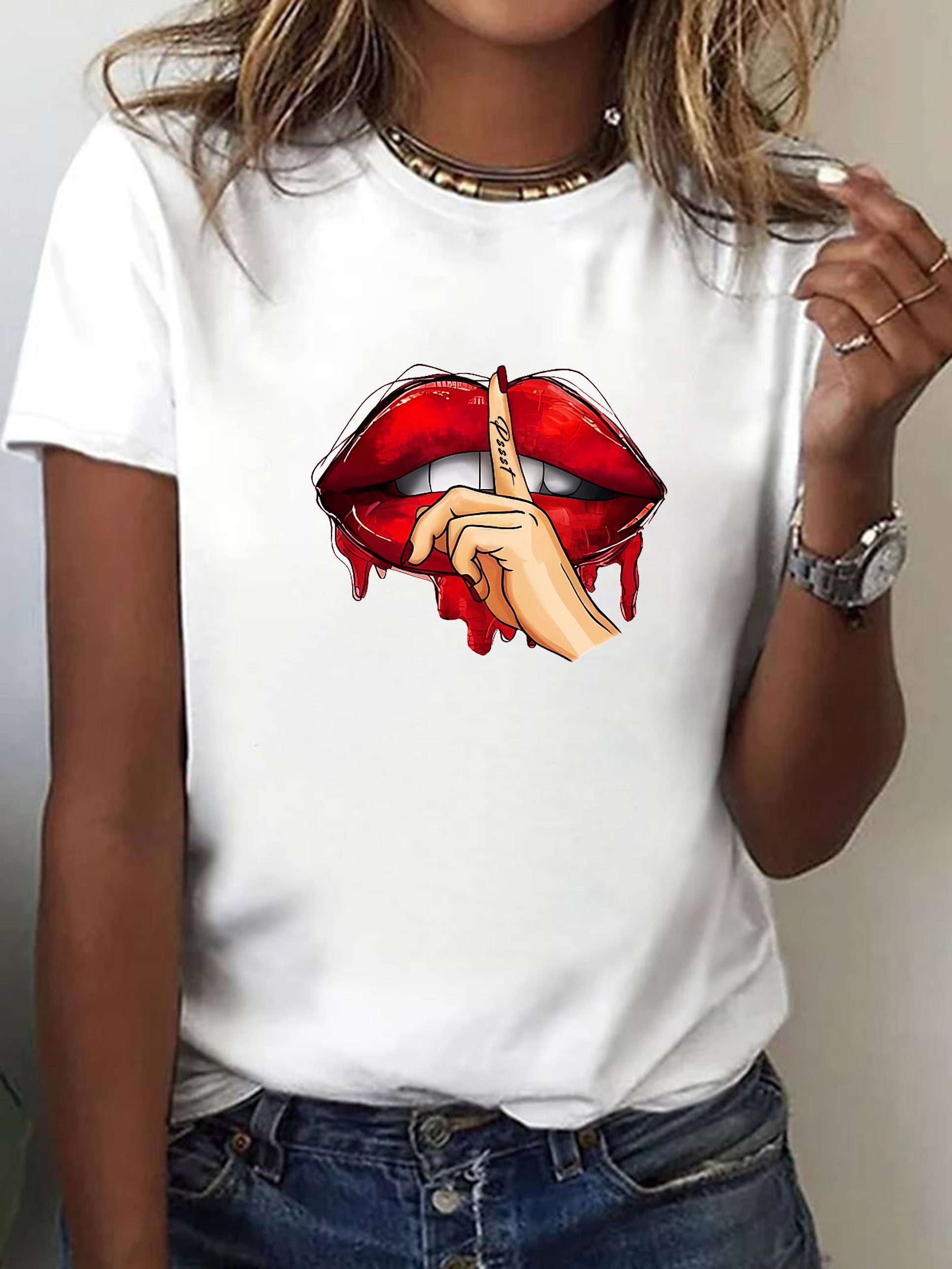 RMK T-Shirt Damen Shirt Top Sommer Basic Mund dicke Lippe Lips Psst