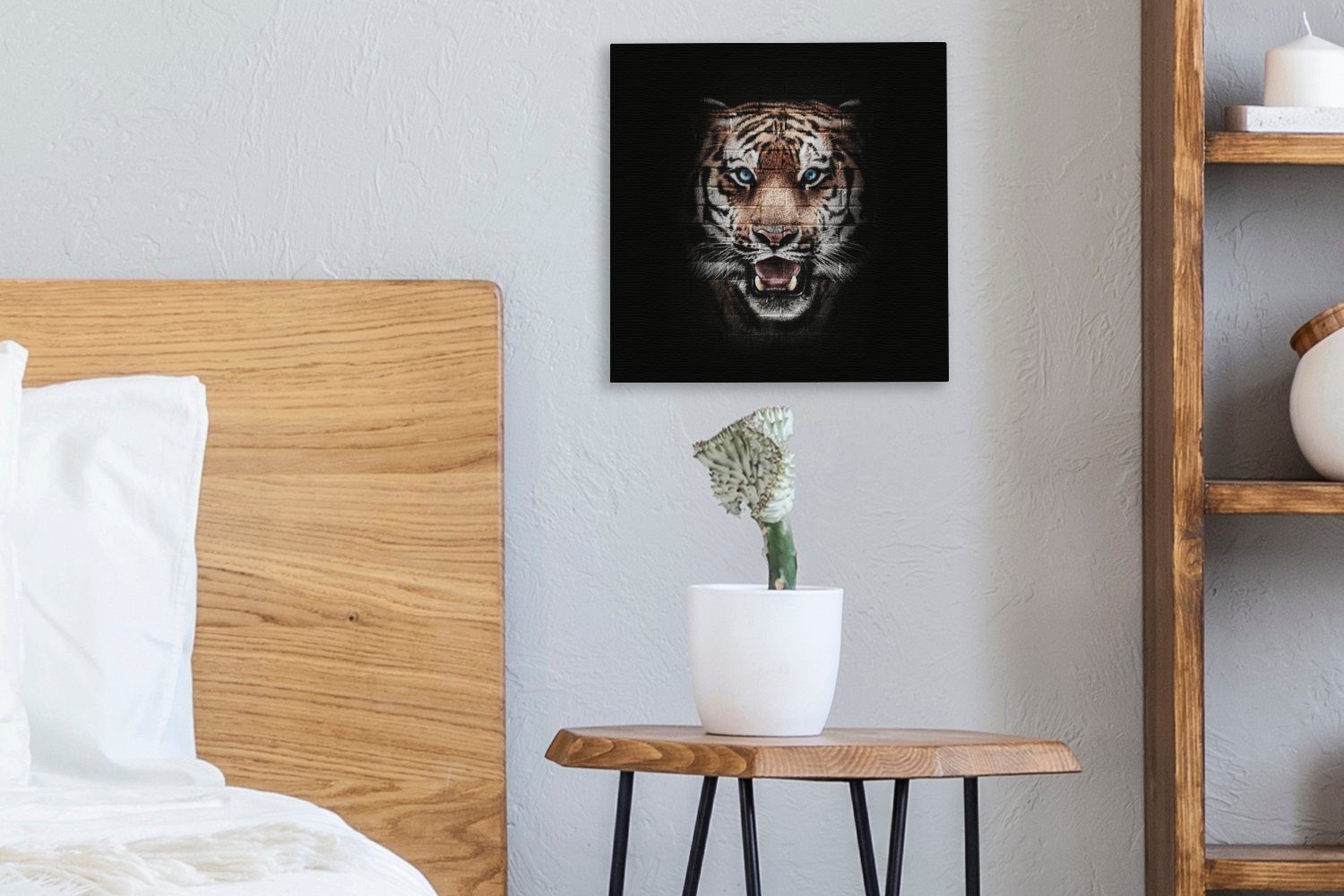 OneMillionCanvasses® Leinwandbild Tiger - Stein für Wand, Leinwand (1 St), Wohnzimmer - Schlafzimmer Bilder
