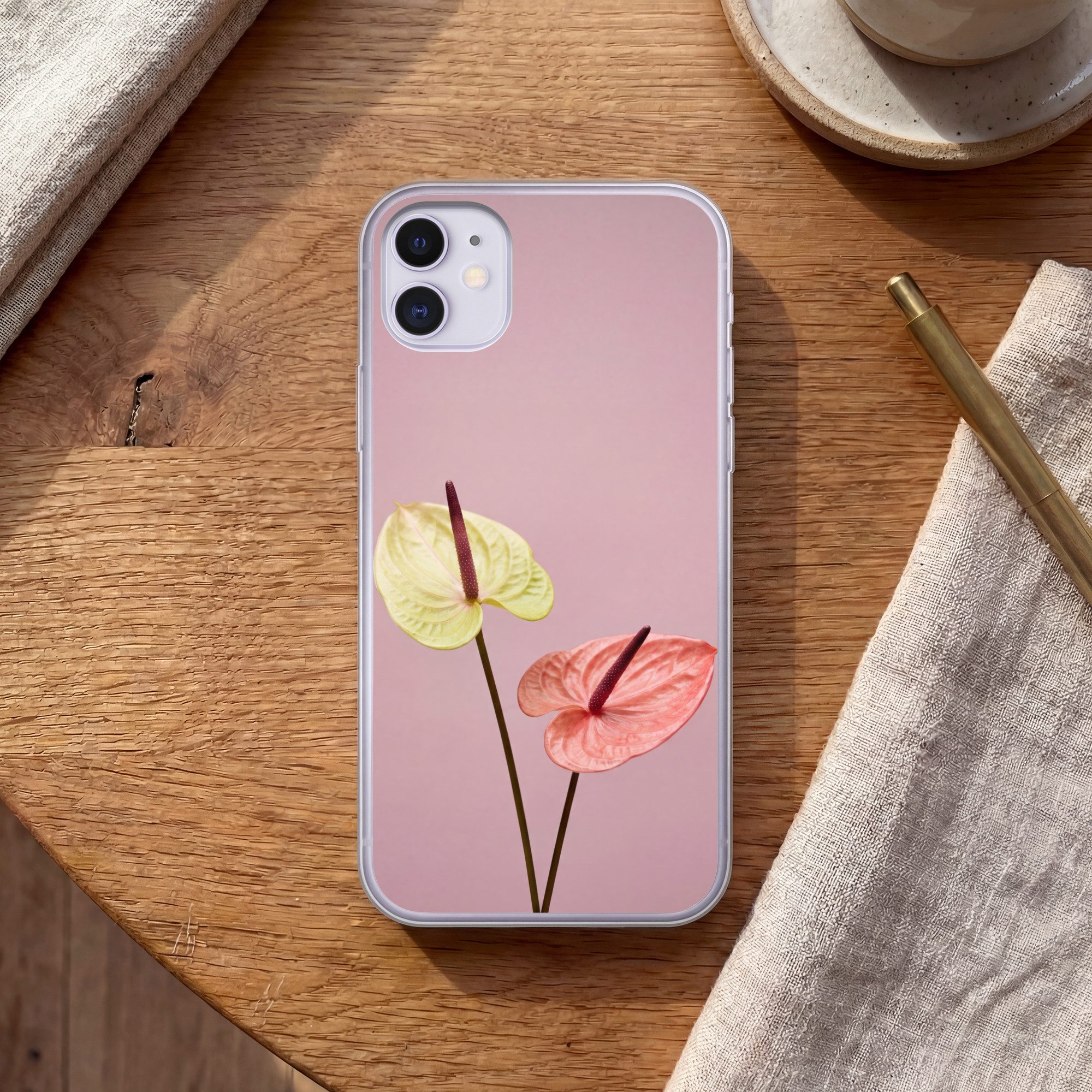 MuchoWow Handyhülle für Apple iPhone 11 Blumen - Anthurien - Gelb - Rosa, Smartphone-Bumper, Print, Handy Schutzhülle Dünn