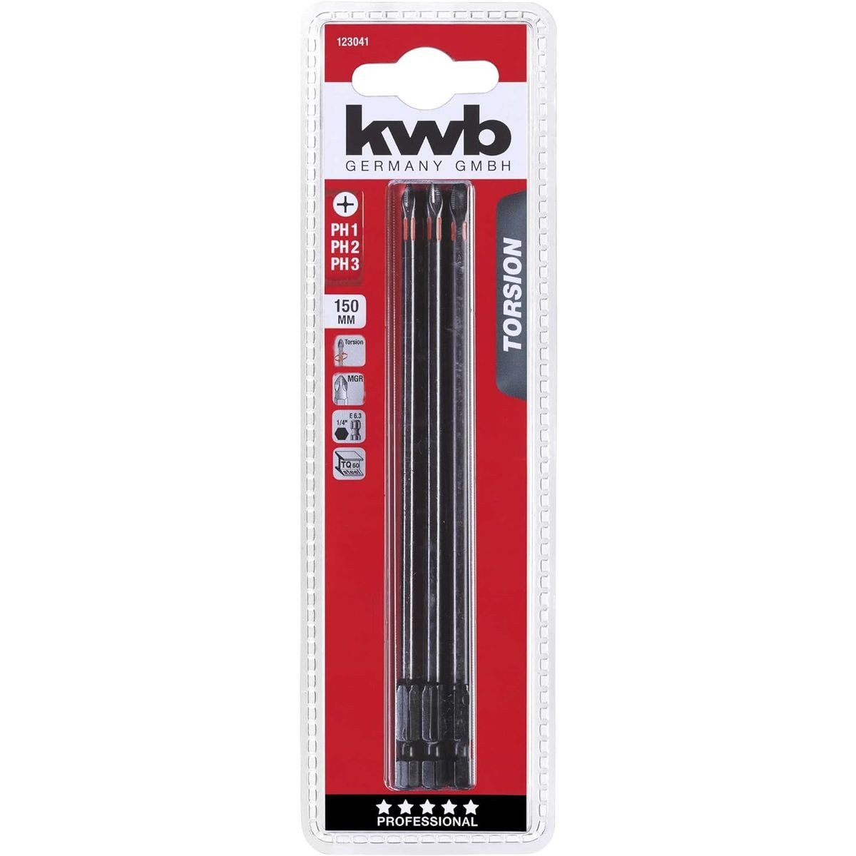 kwb Bit-Set 3 Bits 150mm PH Set Torsion SB, 3 Bits 150 mm PH Set Torsion 123041 (TQ 60 Stahl, Torsionszone, IS