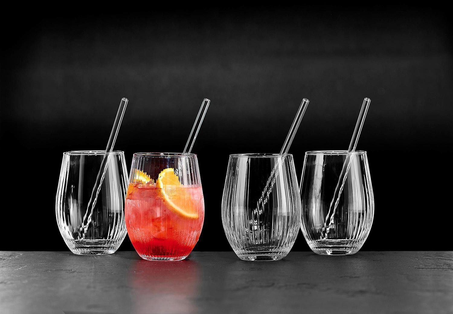 Ritzenhoff & Breker Gläser-Set 8-teilig PACA, Transparent, 590 ml, Streifenrelief, Glas, Spülmaschinengeeignet, mit 4 Strohhalmen
